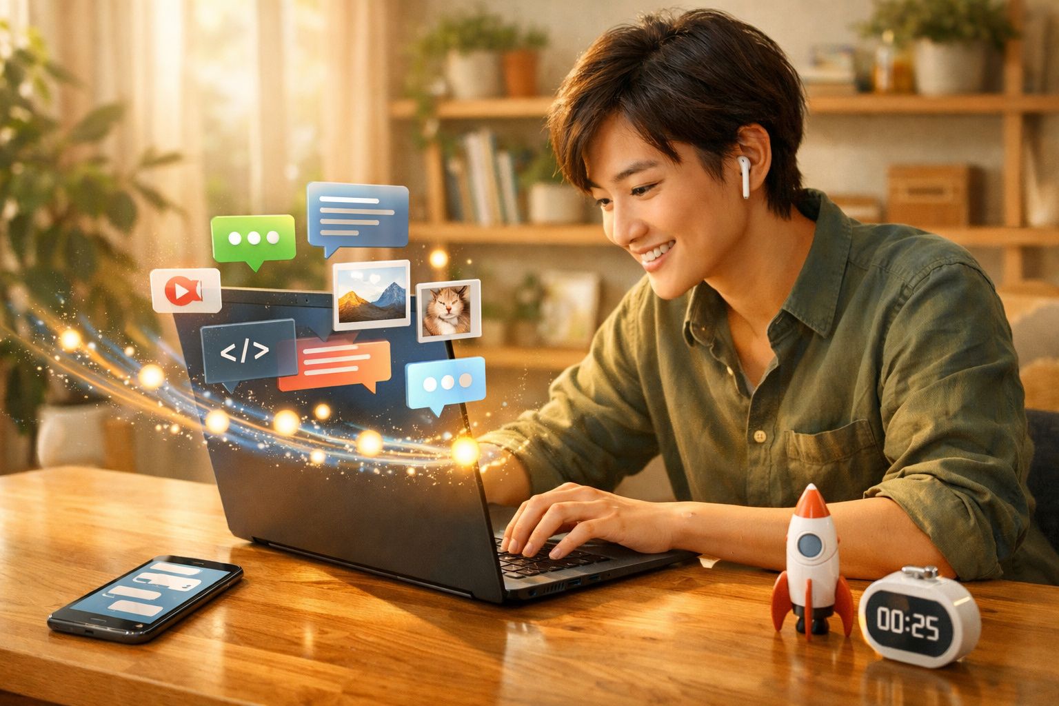 Pessoa sorrindo usa notebook com ícones flutuantes de mensagens, código e vídeos em ambiente aconchegante.