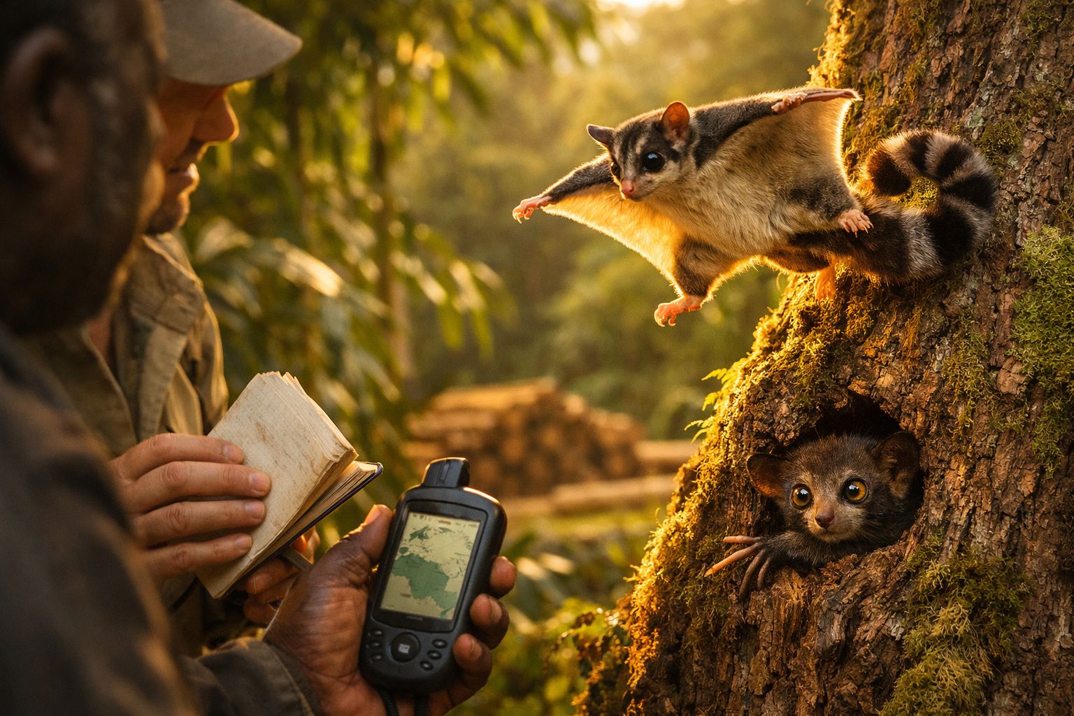 Dois animais em árvore observados por pessoas com bússola e caderno em ambiente de floresta ao entardecer.