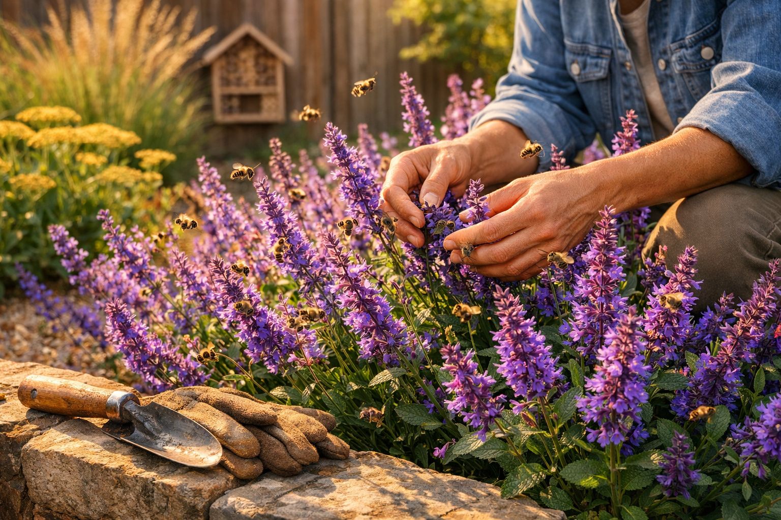 Mãos colhendo flores roxas em um jardim com várias abelhas voando ao redor ao entardecer.