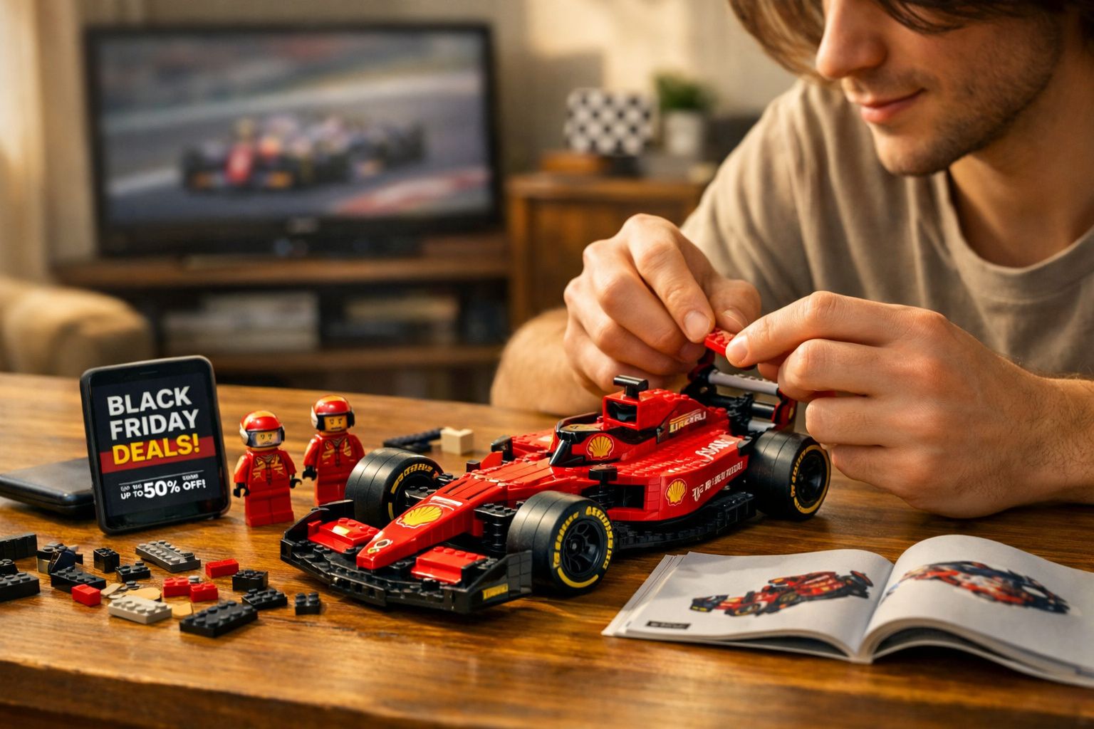 Pessoa montando carrinho de corrida de Lego vermelho em mesa com peças e manual, promoção Black Friday ao lado.