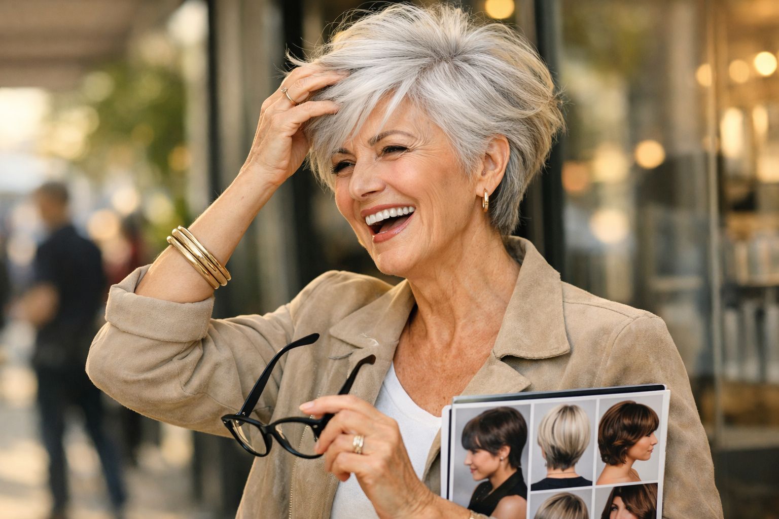 Mulher madura sorrindo, com cabelo grisalho curto, segurando óculos e catálogo de cortes de cabelo.