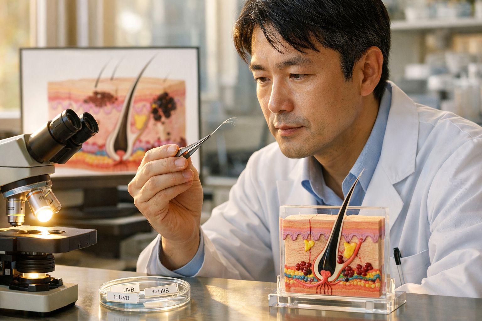 Cientista observando modelo 3D de folículo capilar enquanto segura fio de cabelo com pinça.