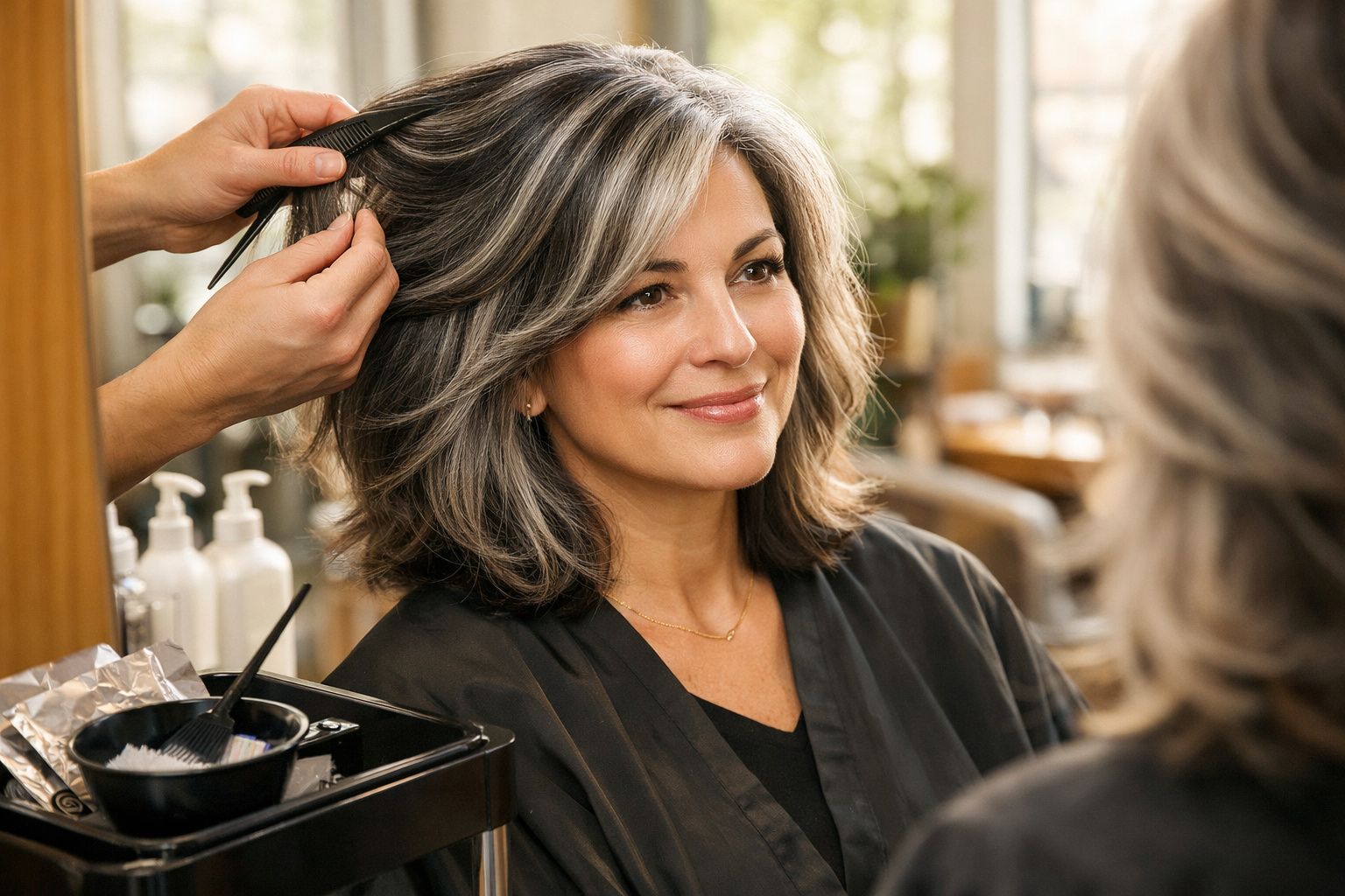 Mulher sorrindo enquanto penteiam seu cabelo grisalho em salão de beleza, com espelho ao fundo.