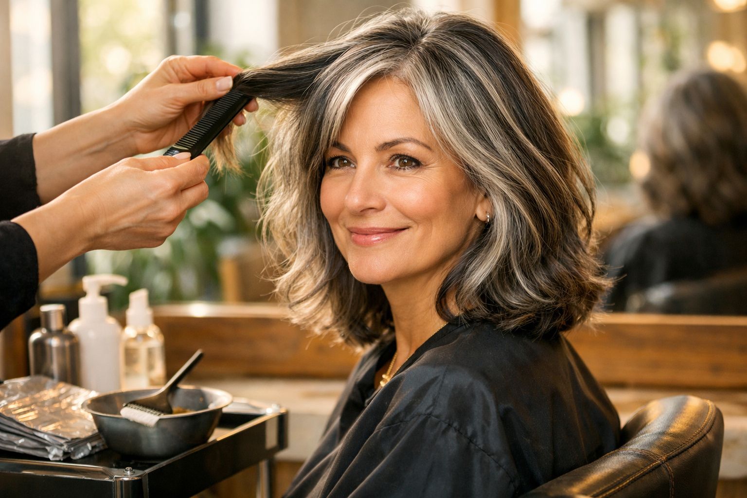 Mulher sorridente com cabelos grisalhos sendo penteada em salão de beleza.