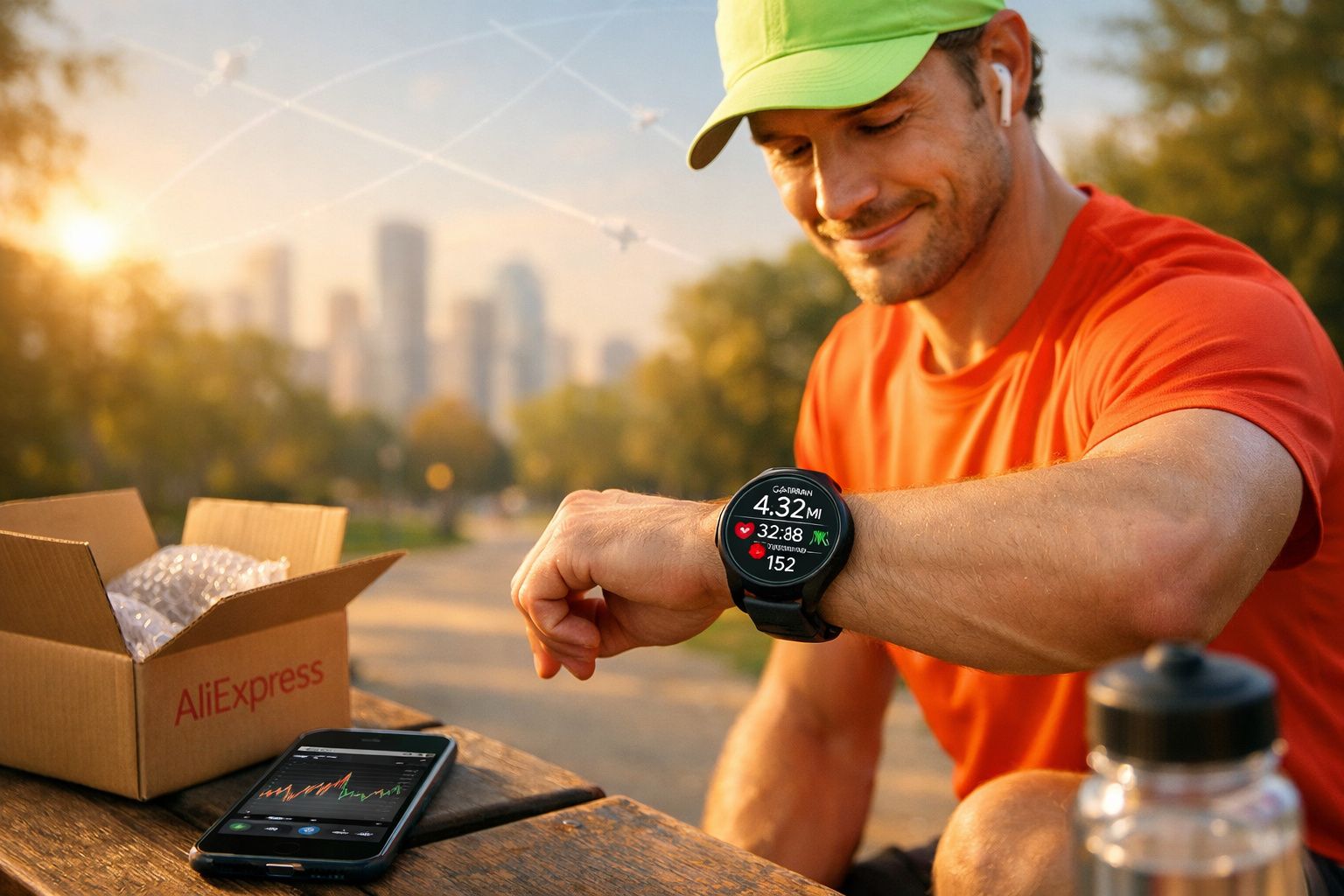 Homem com boné verde checa smartwatch Garmin após corrida ao ar livre ao pôr do sol.