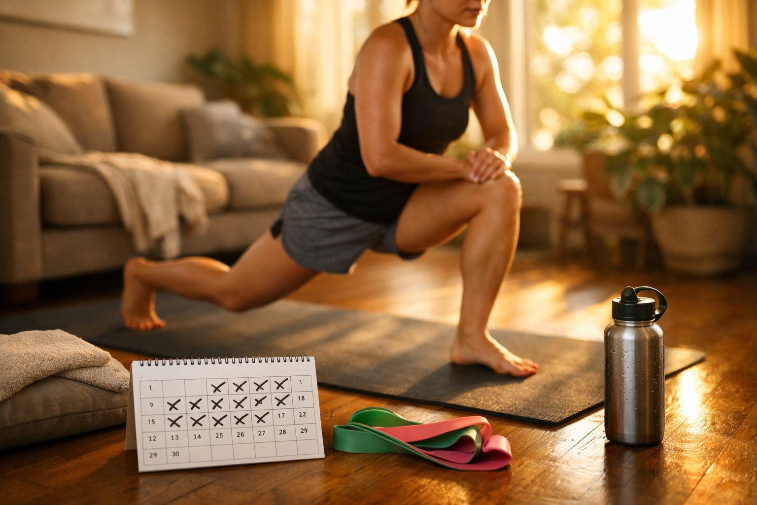 Pessoa fazendo alongamento com calendário, elásticos de exercício e garrafa de água em ambiente aconchegante.
