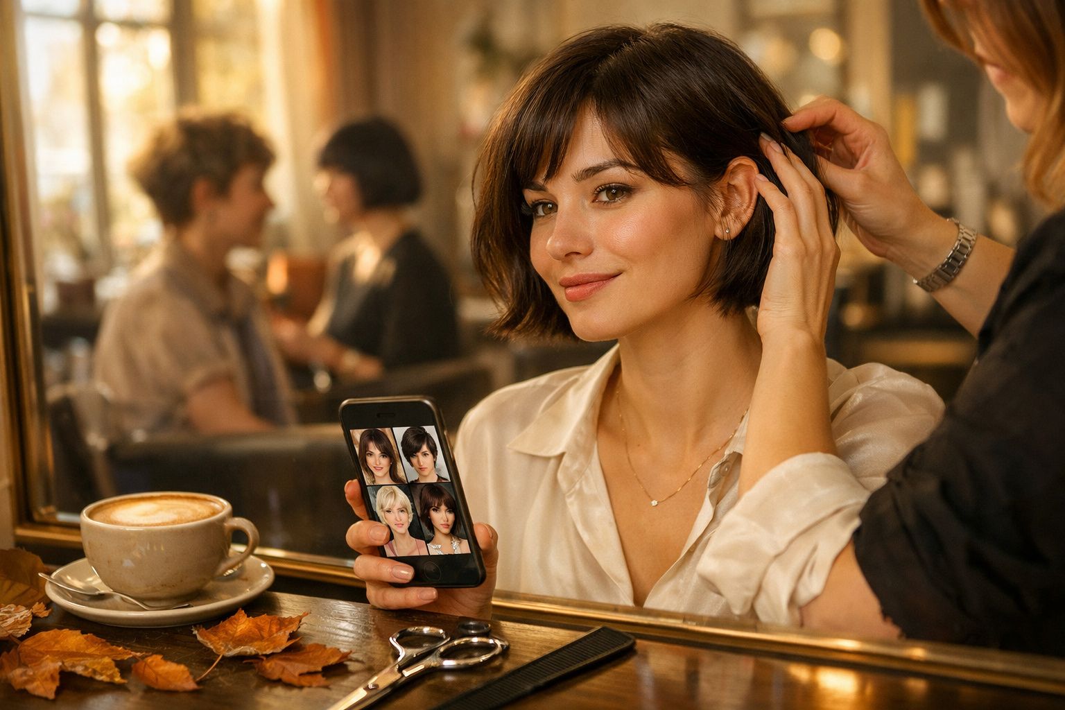 Mulher com cabelo curto e escuro mostra fotos no celular enquanto é atendida em salão de beleza.