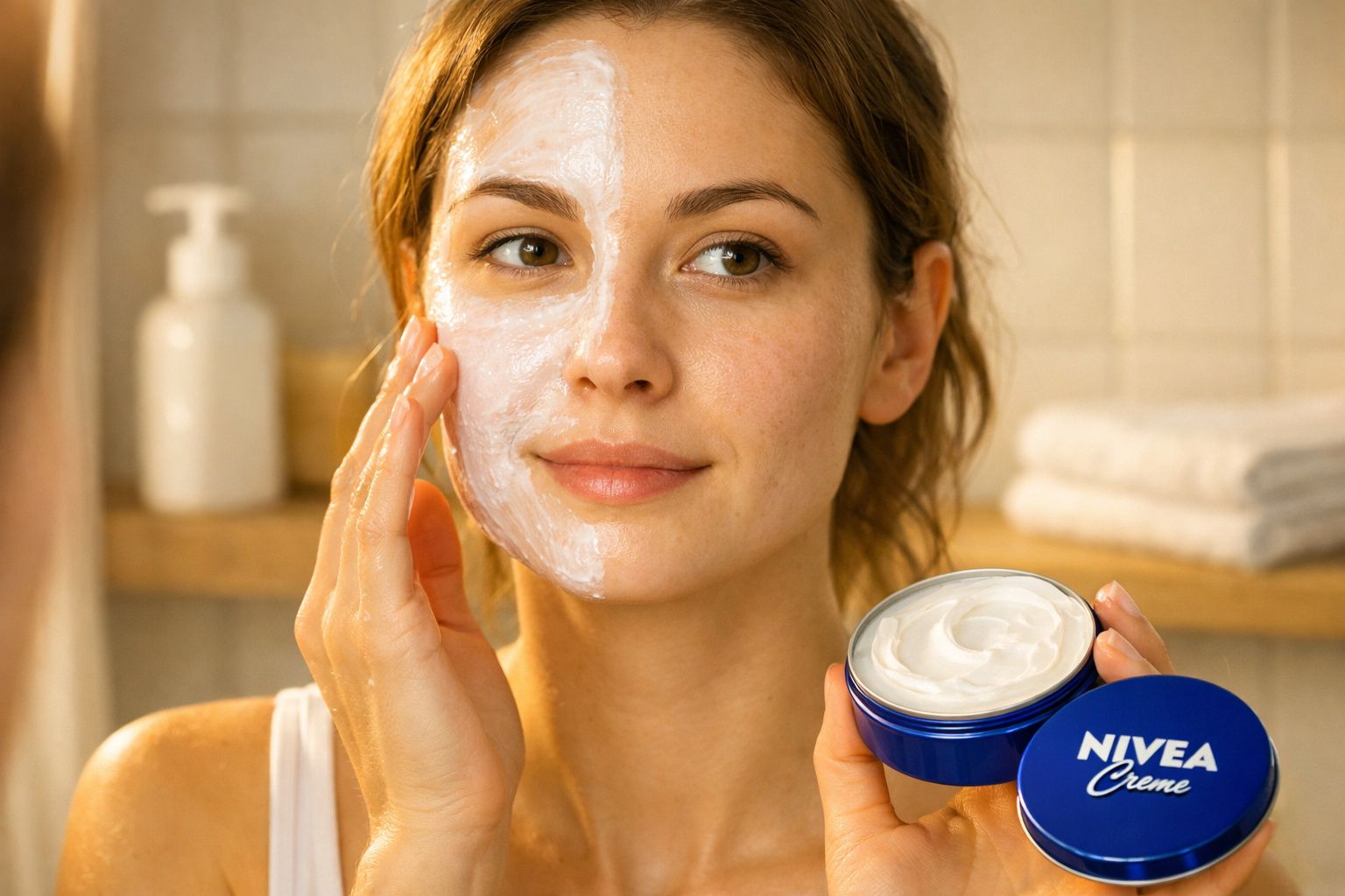 Mulher aplicando creme facial Nivea em metade do rosto em banheiro com toalhas ao fundo.