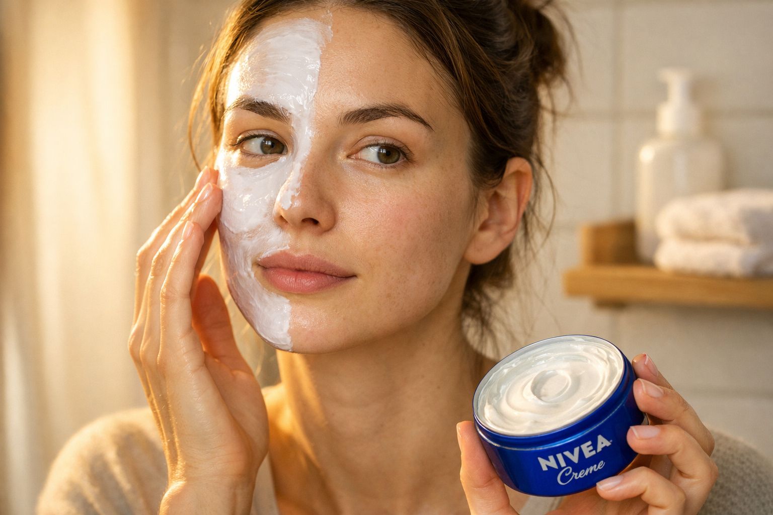Mulher aplicando creme facial na metade do rosto com pote de Nivea Creme na mão.
