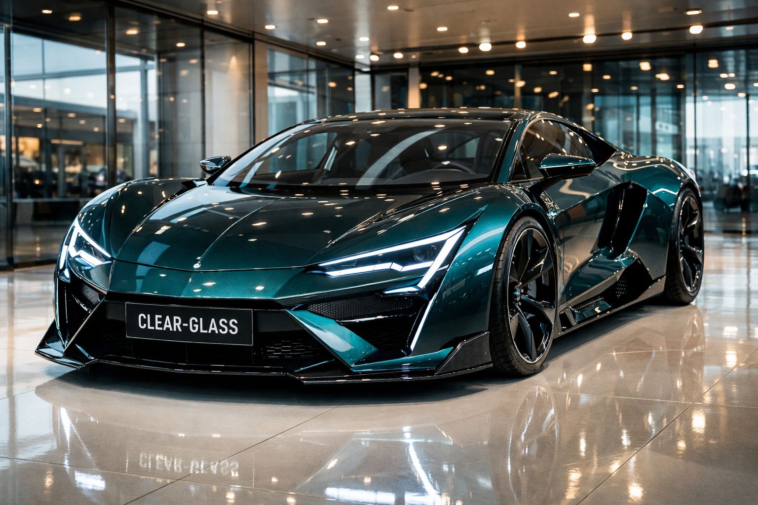 Carro esportivo verde metálico com design futurista exposto em showroom moderno e iluminado.