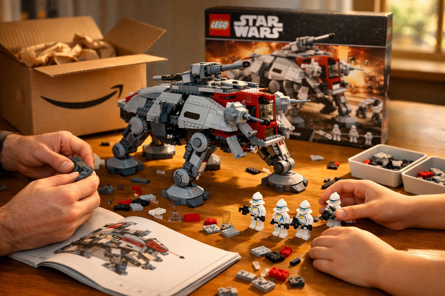 Duas pessoas montando um conjunto LEGO Star Wars com veículo AT-TE e minifiguras em uma mesa.
