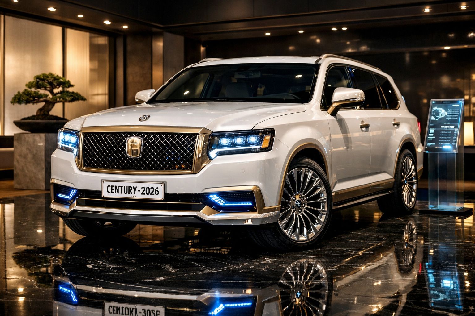 Carro SUV branco de luxo com faróis acesos em exposição interna com piso espelhado.