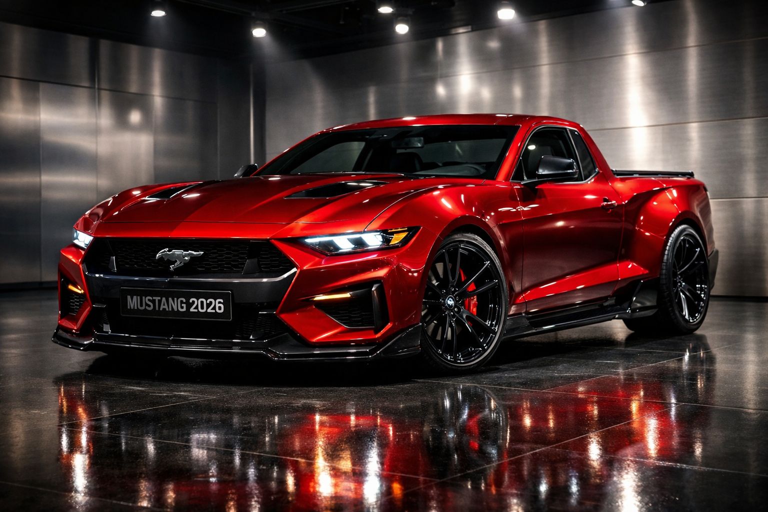 Picape Ford Mustang 2026 vermelha com design esportivo e rodas pretas brilhantes em ambiente industrial.