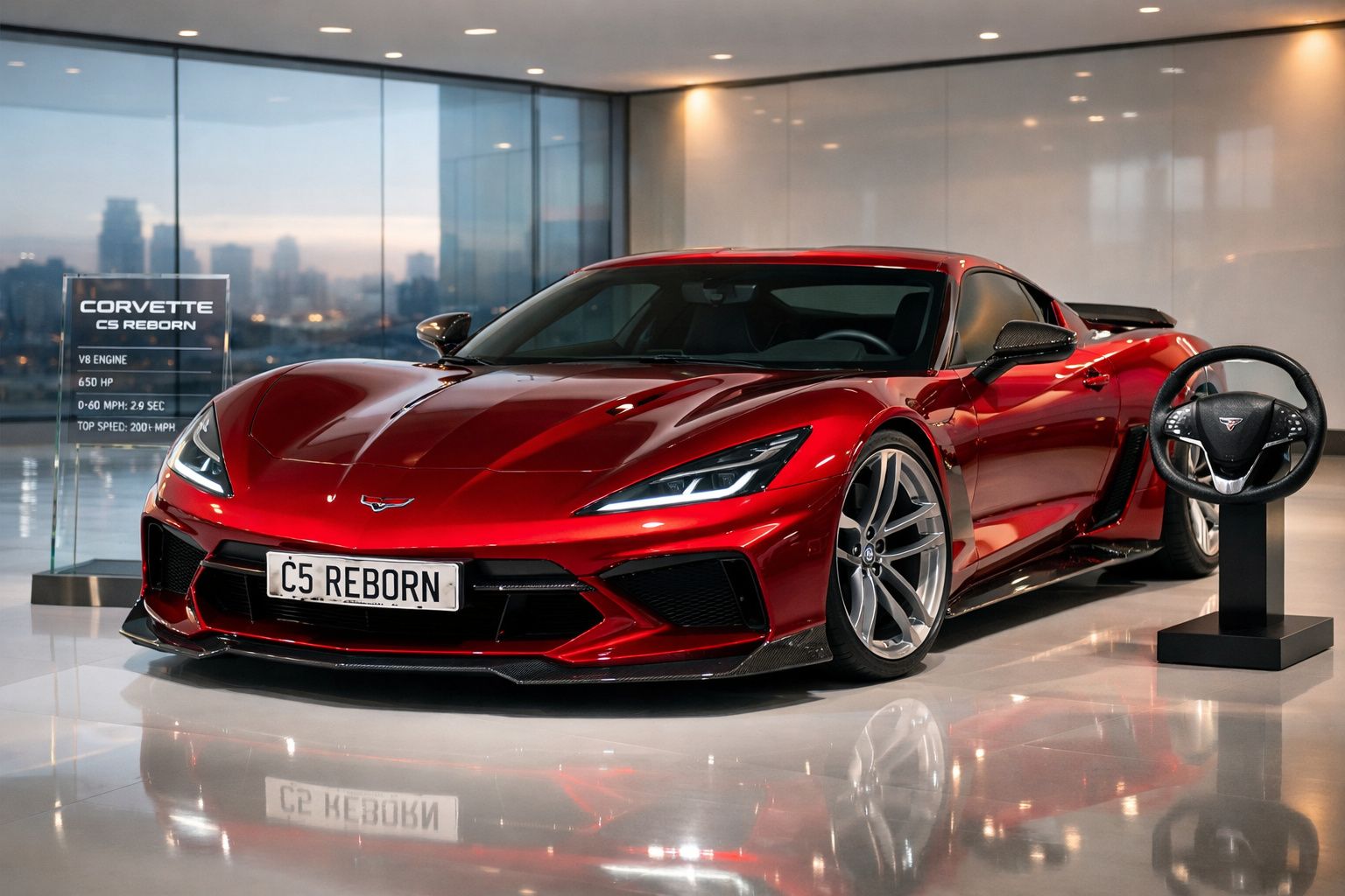 Carro esportivo vermelho Corvette C5 Reborn exposto em showroom com volante destacado ao lado.