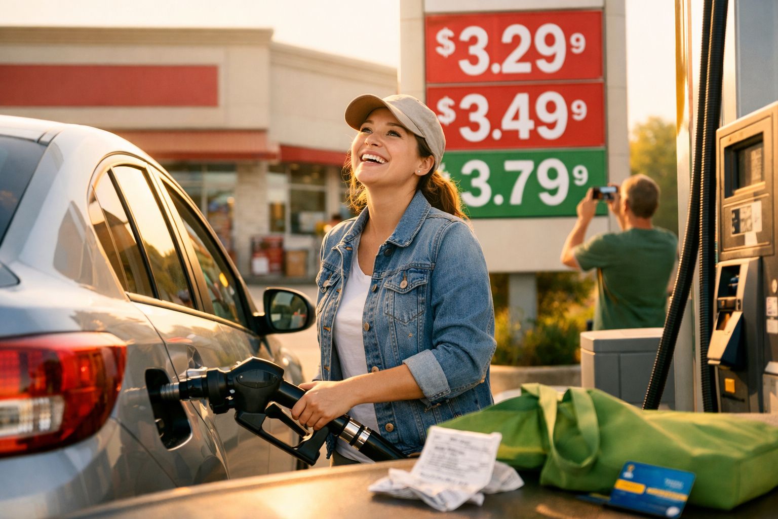 Mulher sorridente abastecendo carro em posto de gasolina, com placa de preços ao fundo.