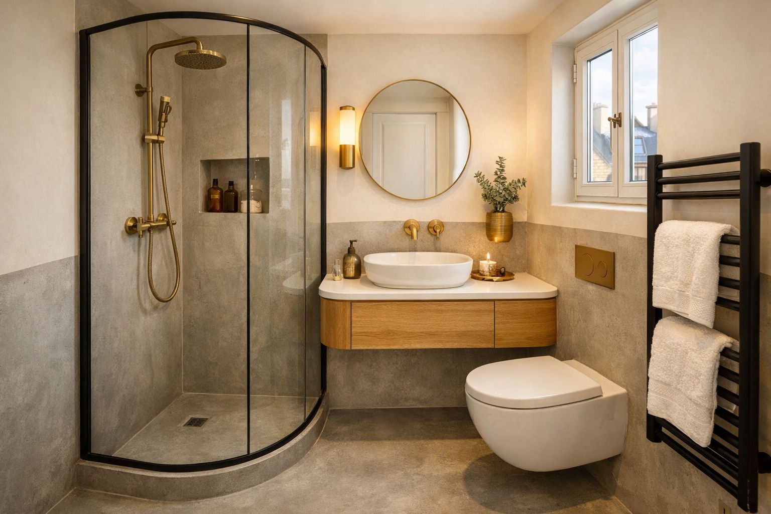 Banheiro moderno com box de vidro, bancada suspensa de madeira, vaso sanitário e toalhas brancas em aquecedor.