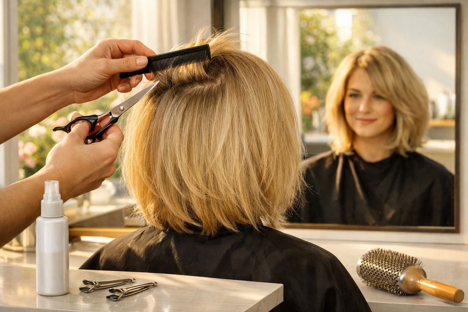 Mulher loira cortando cabelo curto em salão de beleza, com tesoura e pente, olhando no espelho.