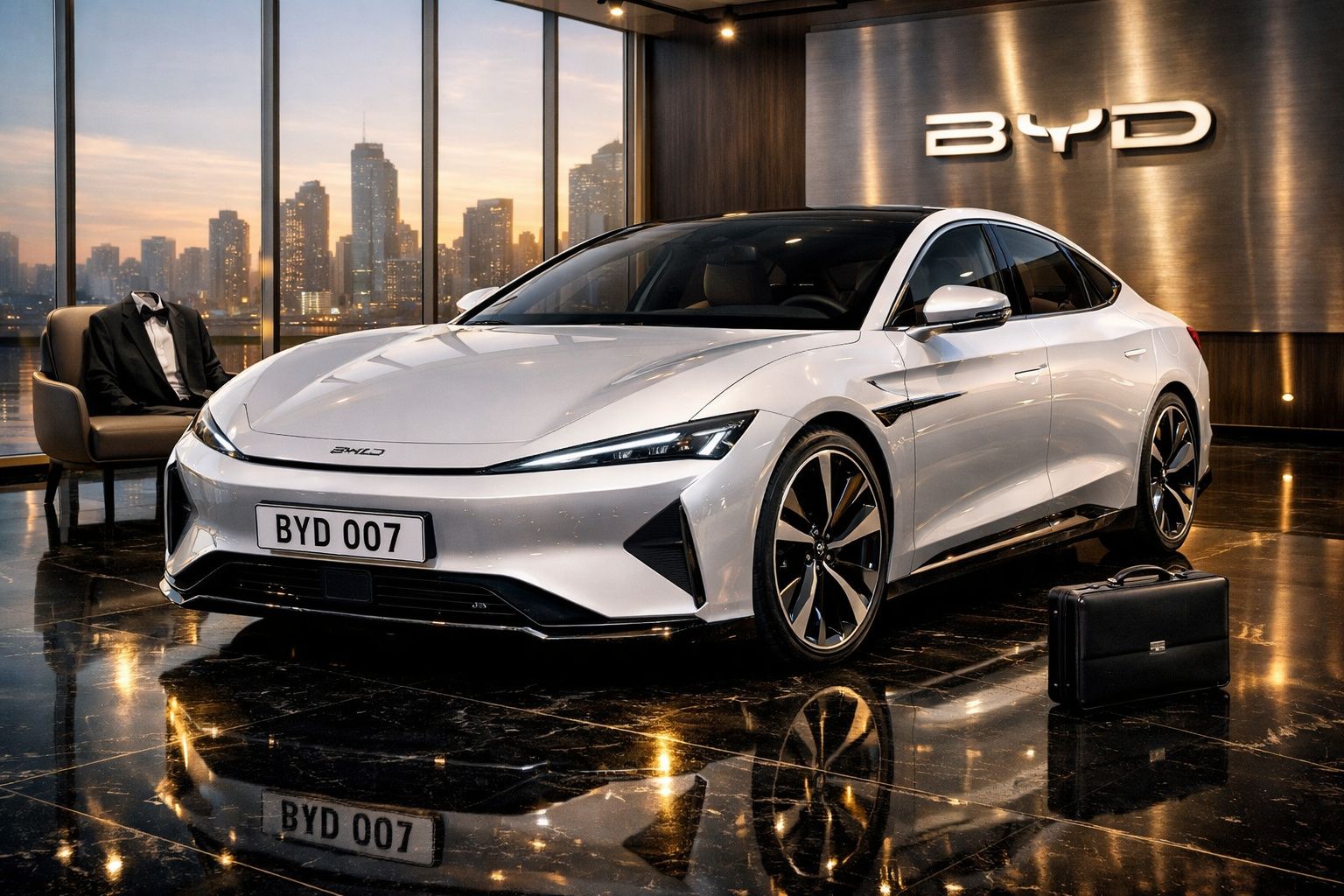 Carro elétrico BYD 007 prata em showroom elegante com maleta preta no piso refletivo.