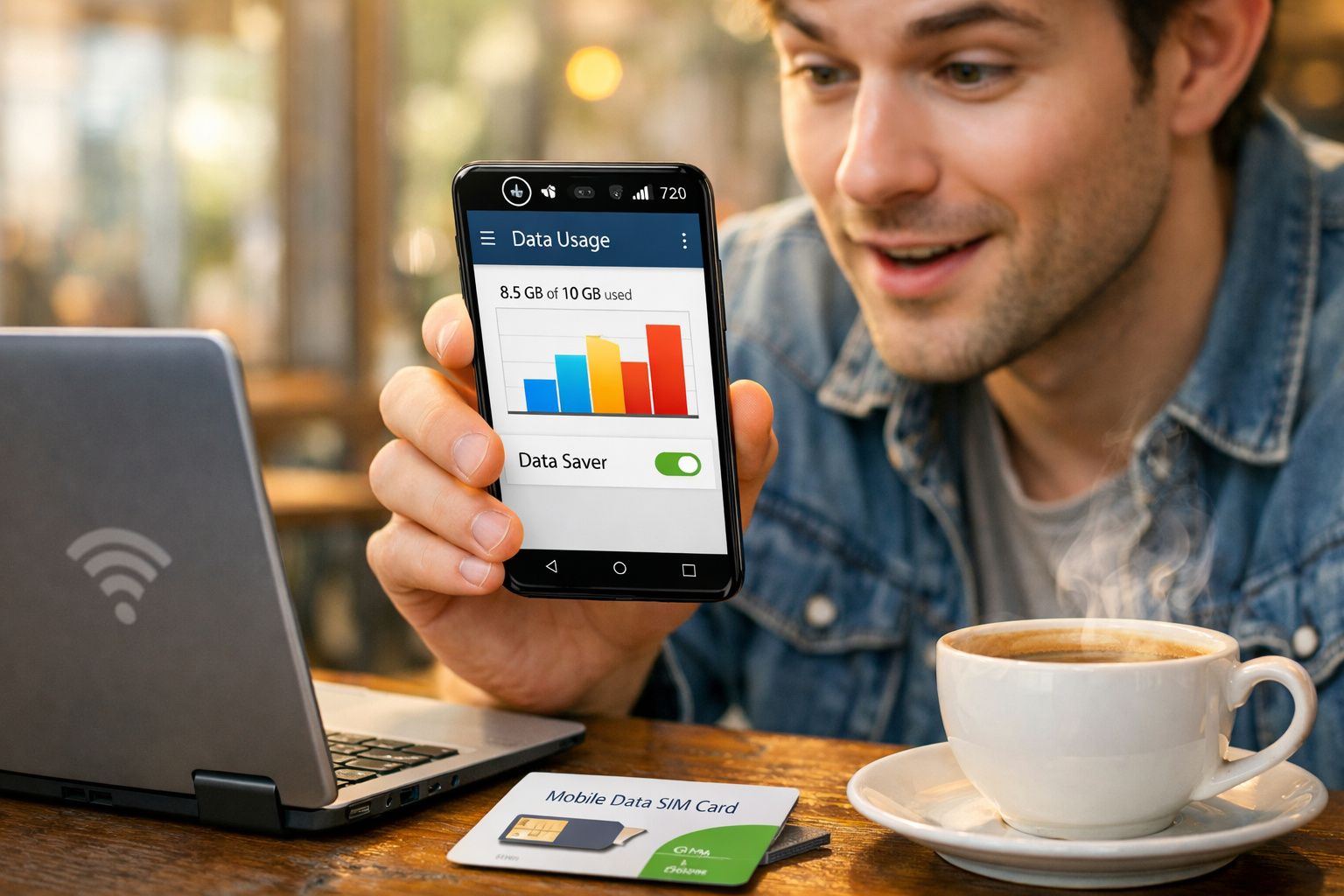 Homem segurando smartphone com gráfico de uso de dados, ao lado de laptop e xícara de café quente em mesa.