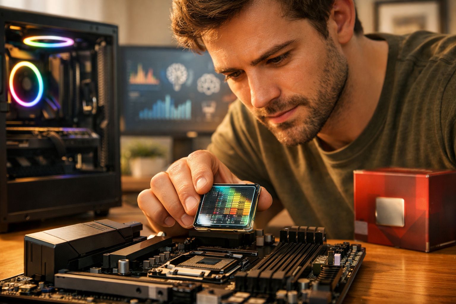 Homem instalando processador em placa-mãe com computador aberto e monitor ao fundo.