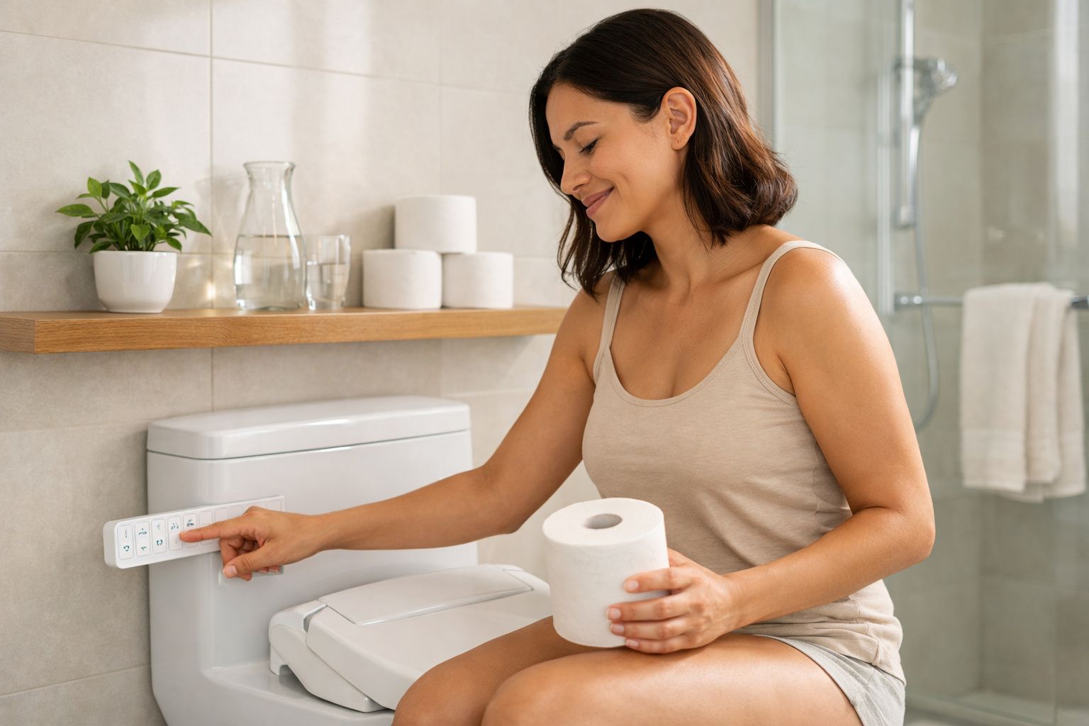 Mulher sentada no vaso sanitário aciona controle remoto de sanitário eletrônico segurando papel higiênico.