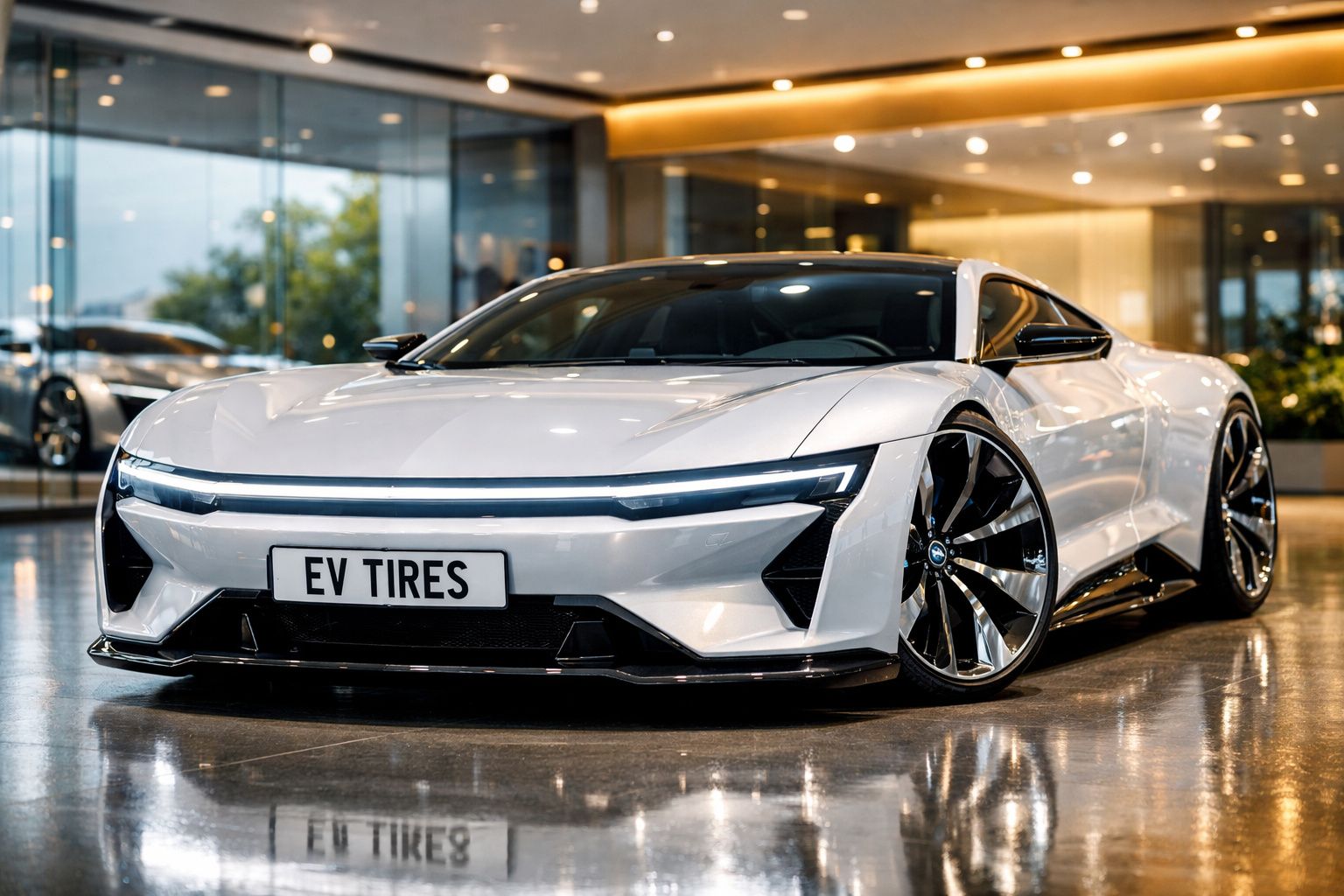 Carro esportivo elétrico branco com design futurista e rodas grandes, em ambiente interno iluminado.