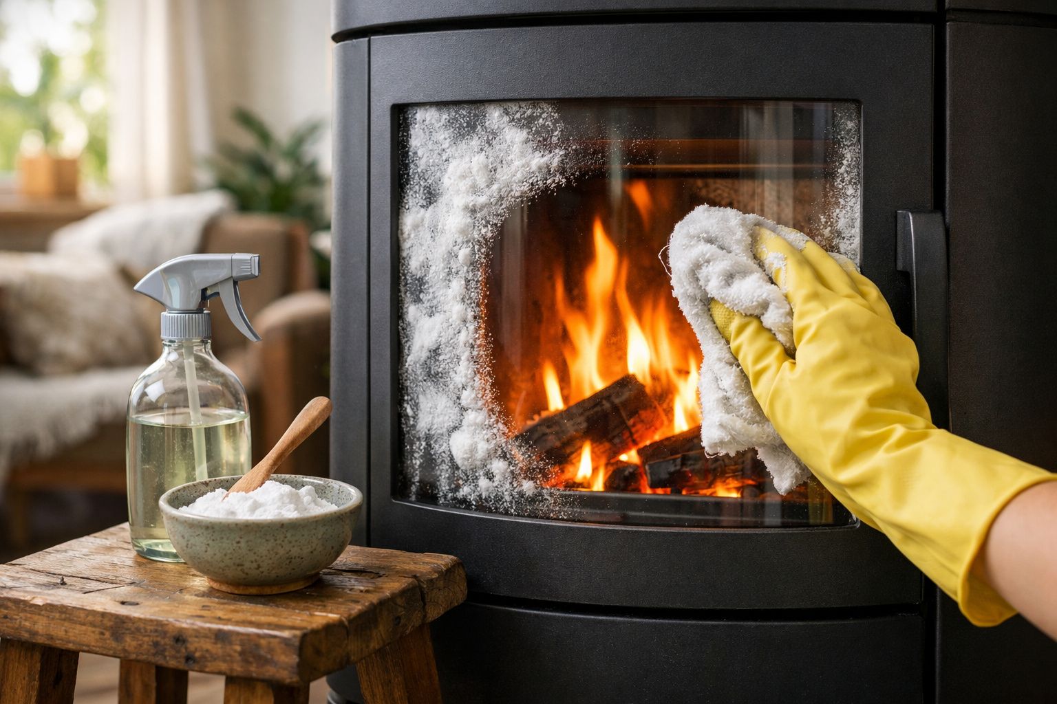 Mão com luva amarela limpando vidro de lareira acesa com bicarbonato, spray e tigela sobre mesa de madeira.