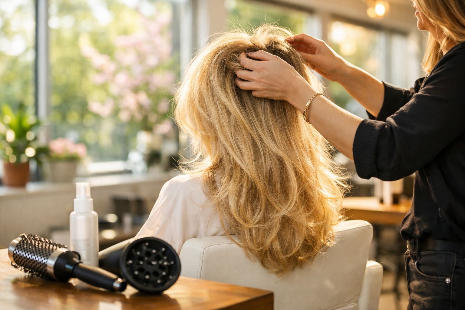 Profissional arrumando cabelo loiro em salão com ferramentas de beleza ao lado.