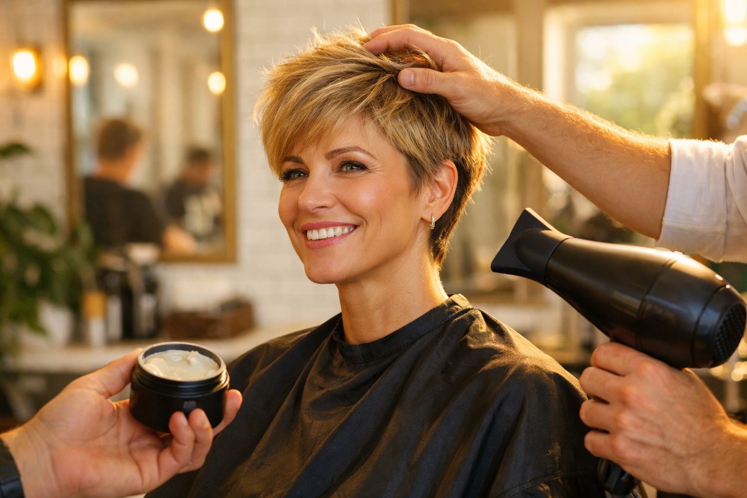 Mulher sorrindo enquanto recebe secagem de cabelo e aplicação de produto em salão iluminado.