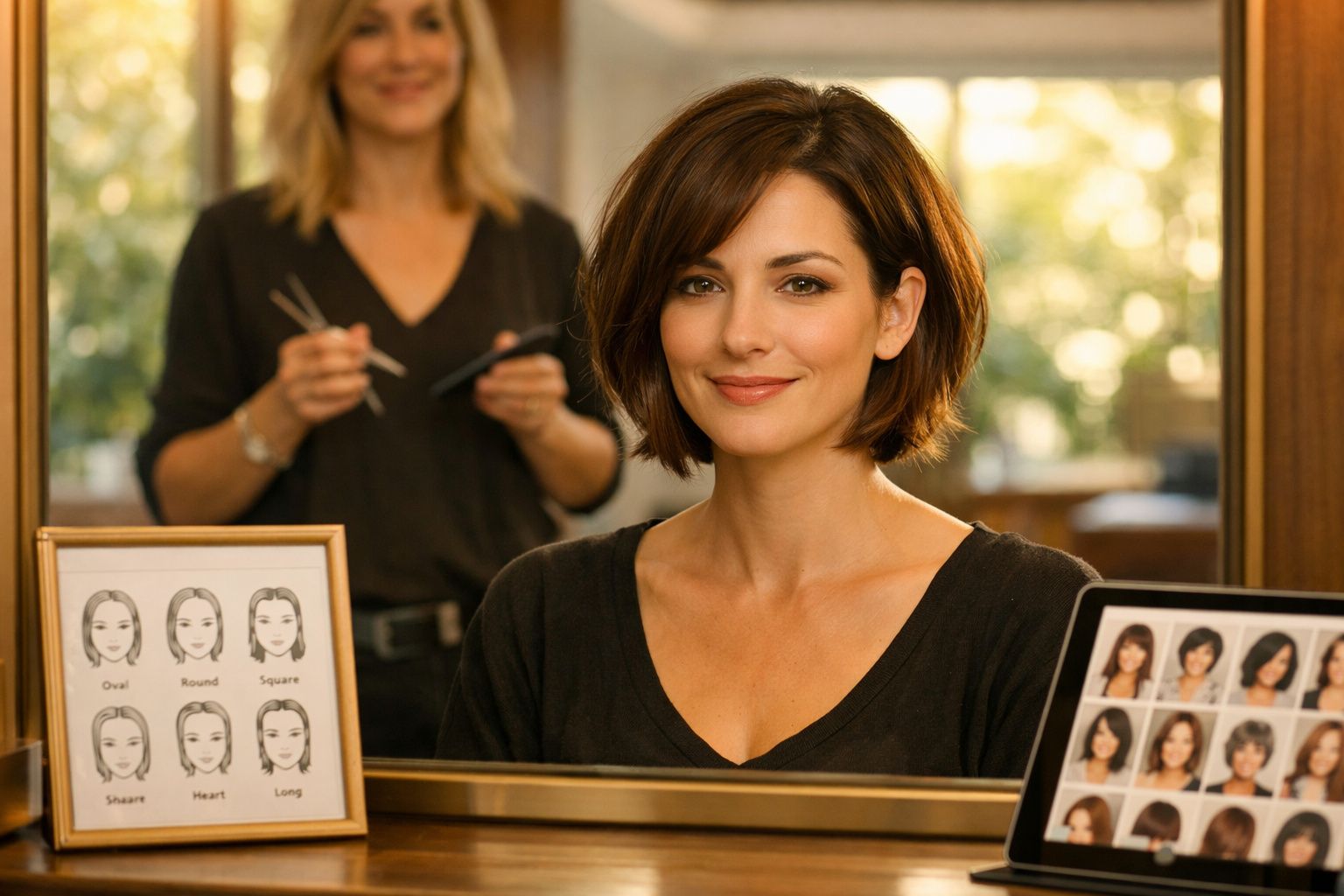 Mulher sorridente com cabelo curto castanho, sentada em salão de beleza com esteticista ao fundo.