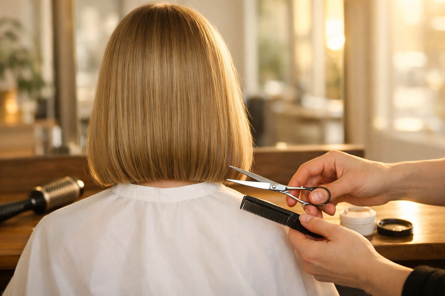 Pessoa de cabelos loiros curtos recebe corte de cabelo em salão de beleza.