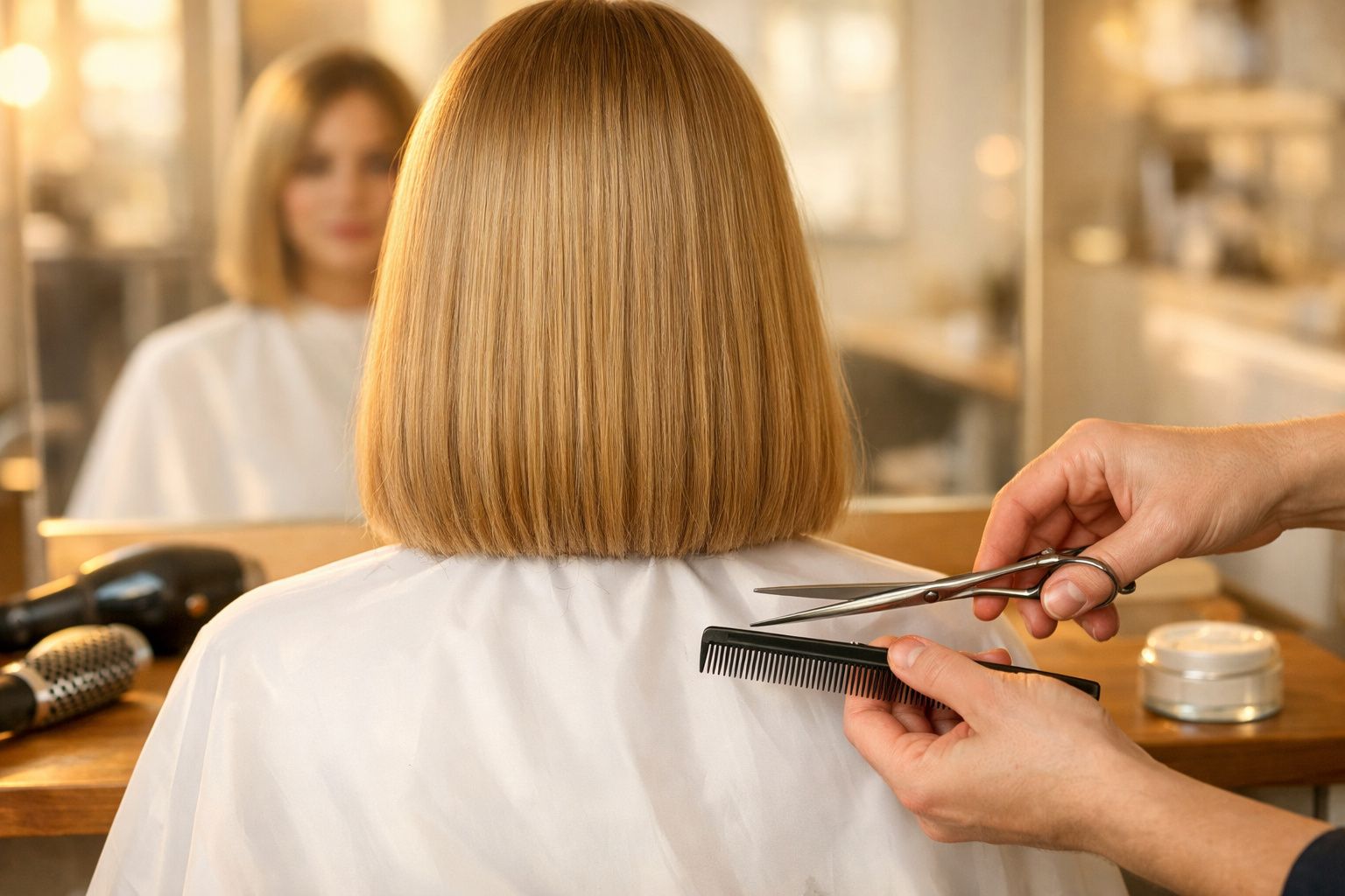 Pessoa loira com corte de cabelo em reta sendo aparado por cabeleireiro em salão de beleza.