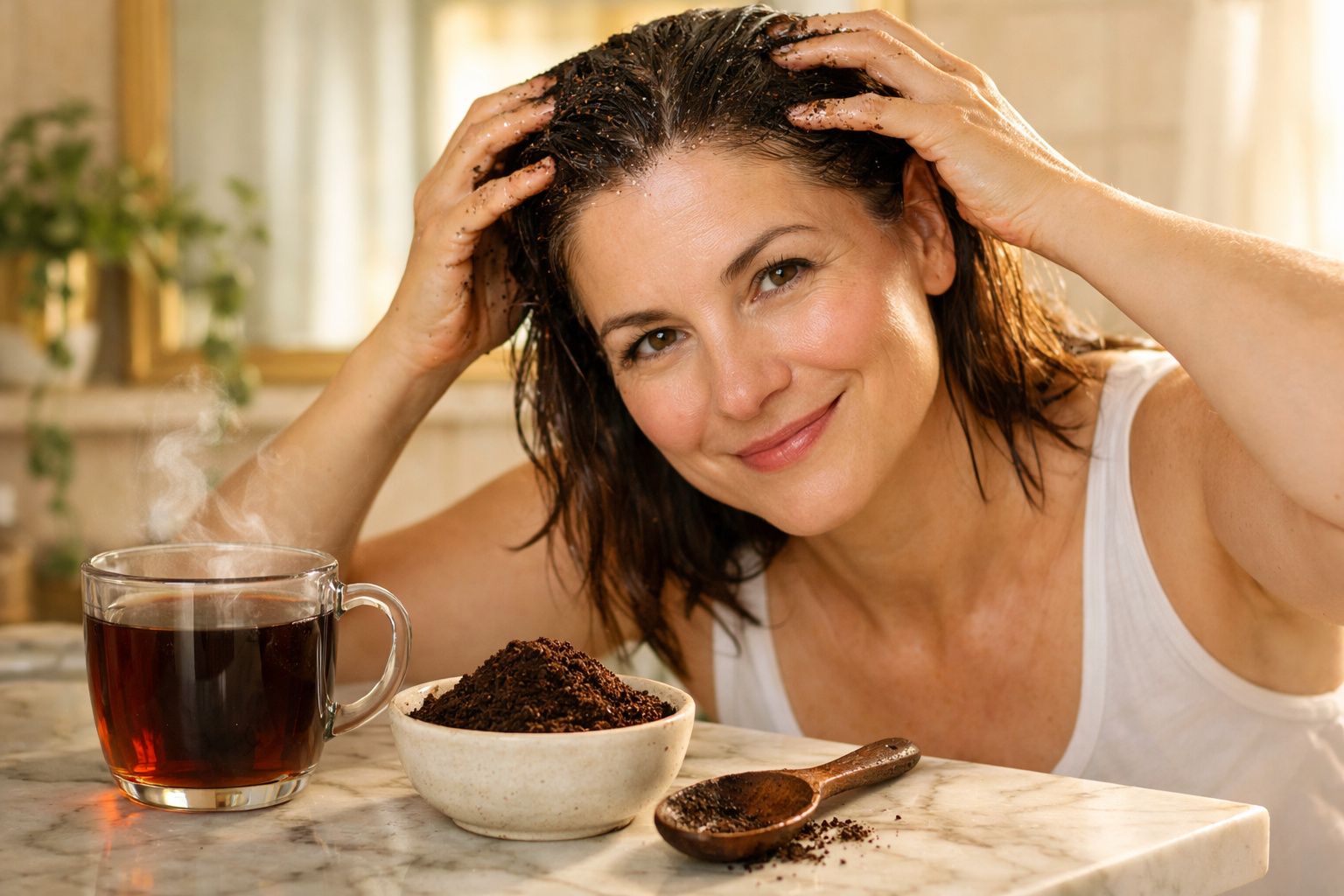 Mulher aplicando máscara caseira de café no cabelo, ao lado de xícara de café quente sobre mesa de mármore.