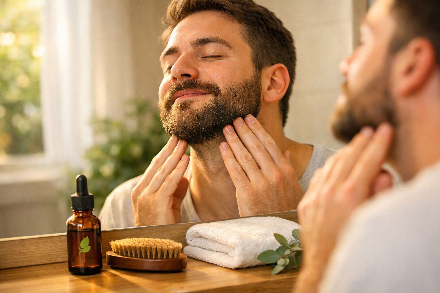 Homem aplicando óleo de barba no rosto em frente ao espelho no banheiro com toalha e escova.