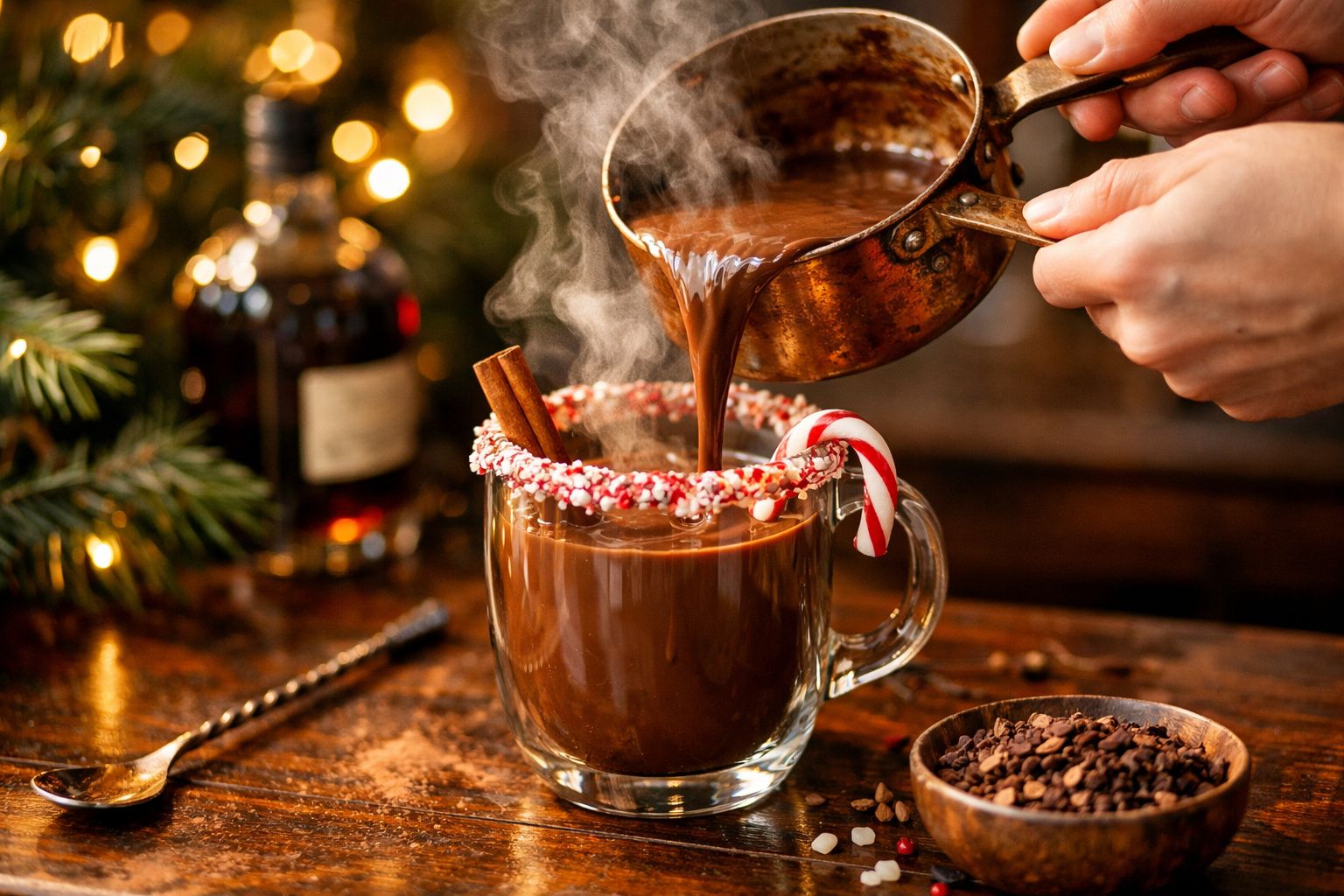 Bebida quente de chocolate sendo servida em caneca com canela, bengala doce e decoração natalina.