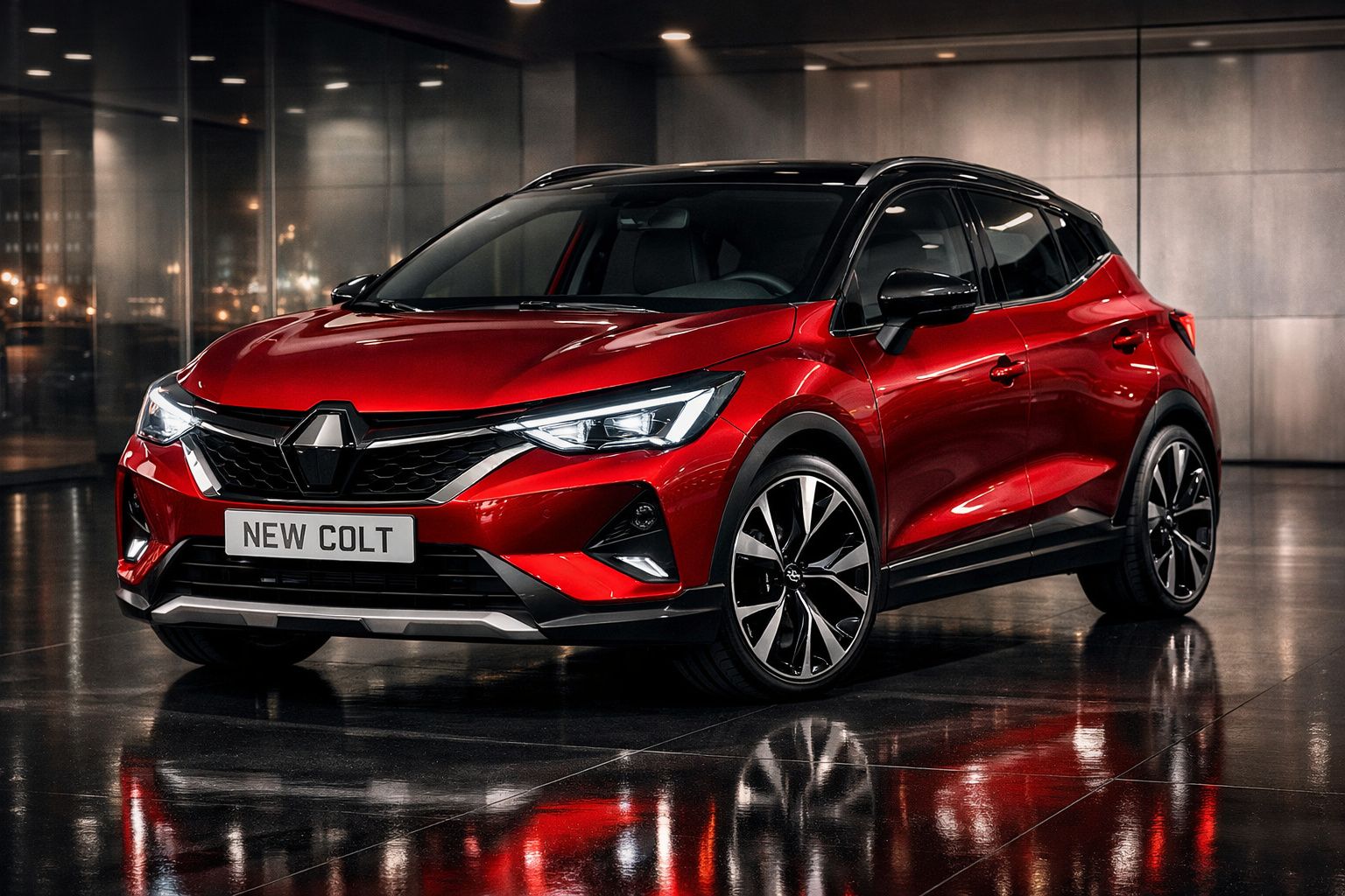 SUV vermelho Renault New Colt estacionado em piso refletivo com iluminação em ambiente interno moderno.