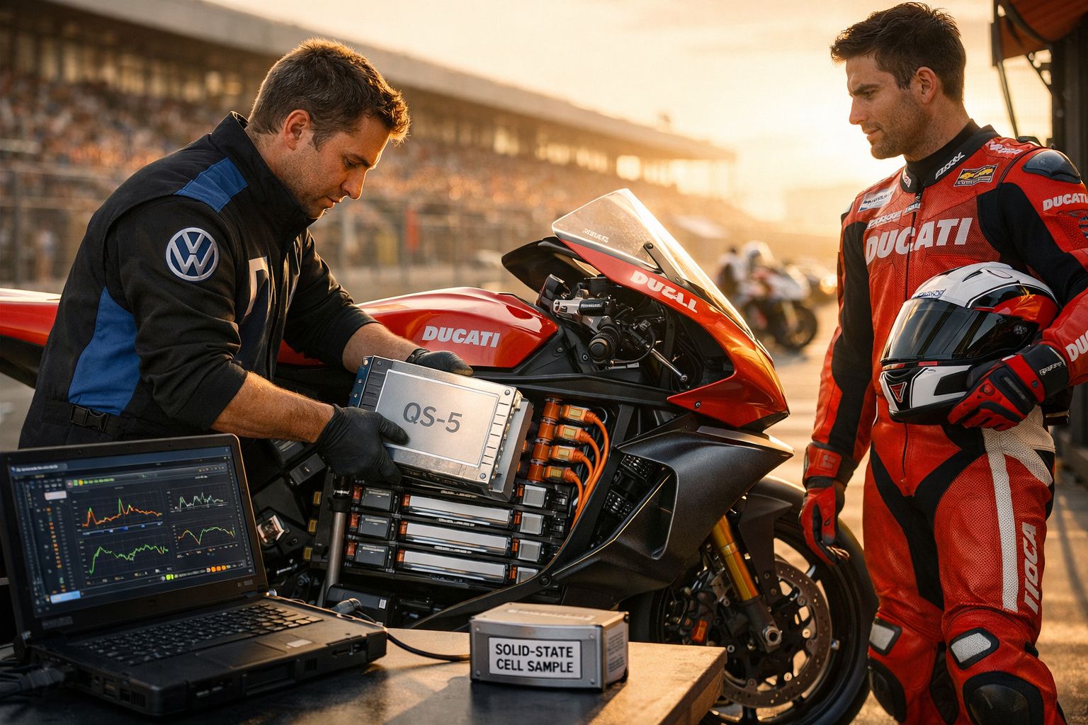 Homem instala bateria em motocicleta elétrica Ducati enquanto piloto observa com capacete nas mãos.