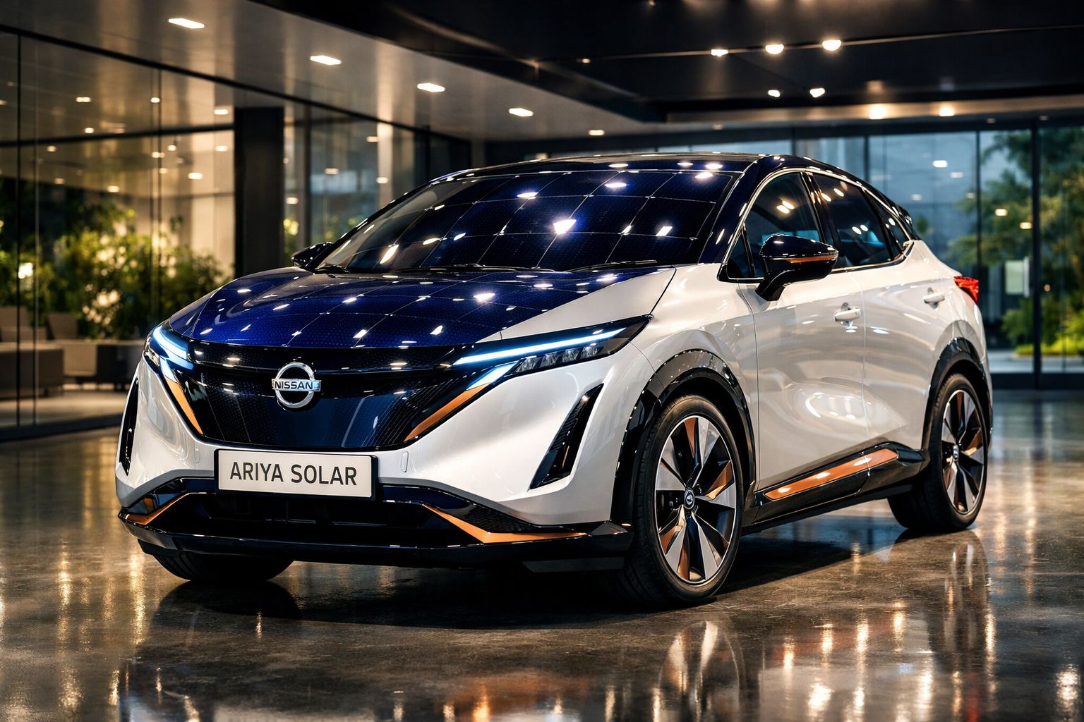 Carro elétrico Nissan Ariya Solar branco em ambiente interno moderno e iluminado.