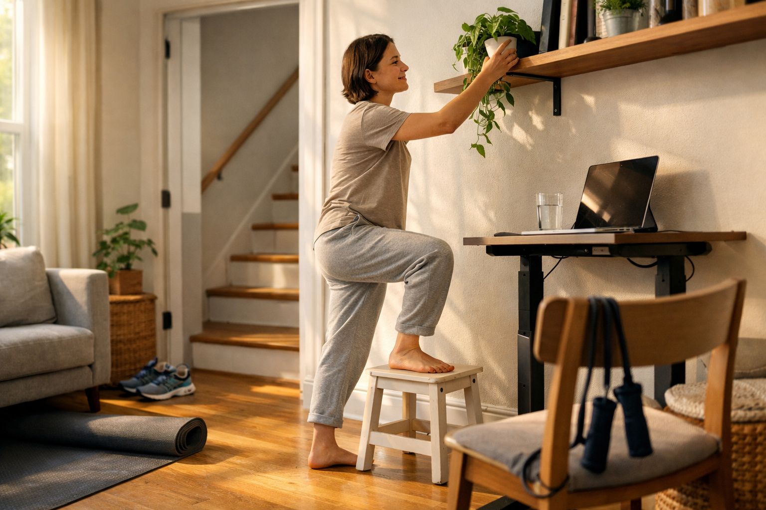 Pessoa em casa, ajustando planta numa prateleira acima da mesa com laptop em ambiente aconchegante.
