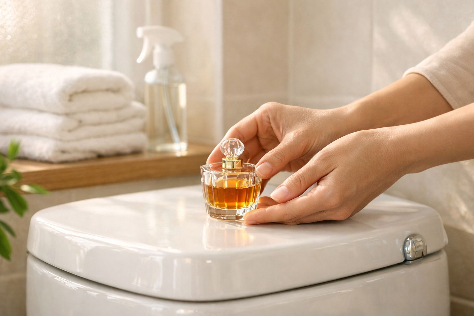 Mãos segurando frasco de vidro com perfume âmbar sobre tampa branca de vaso sanitário em banheiro.