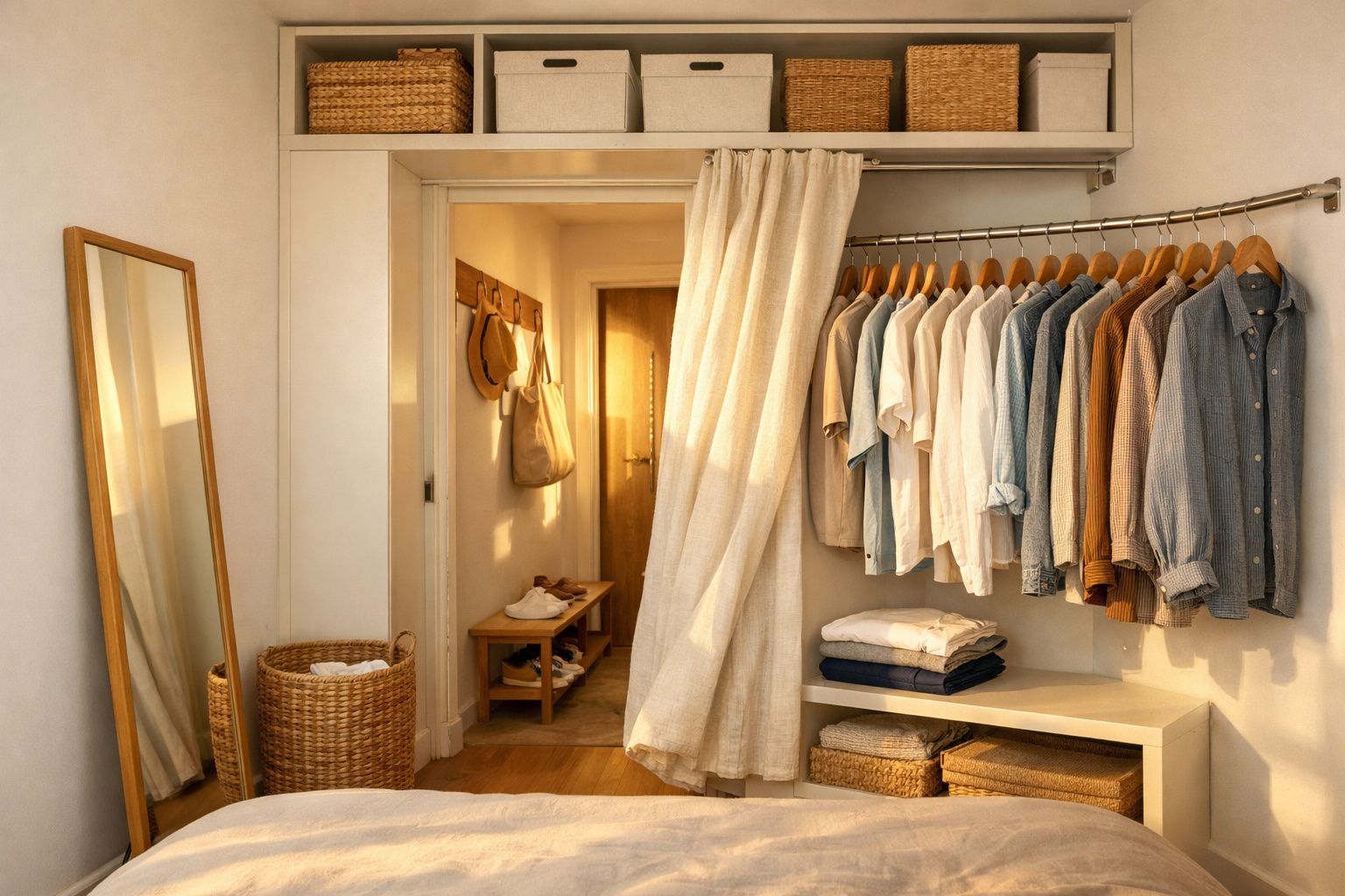 Quarto com roupas neutras penduradas, espelho grande, cesto de vime e estantes com caixas organizadoras.