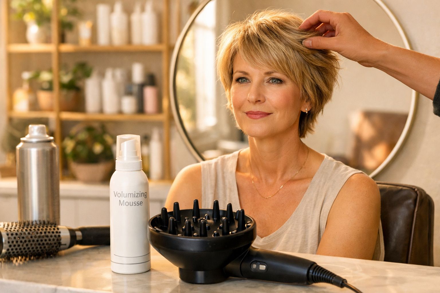 Mulher loira com cabelo curto recebendo finalização de penteado em salão com produtos volumizadores.