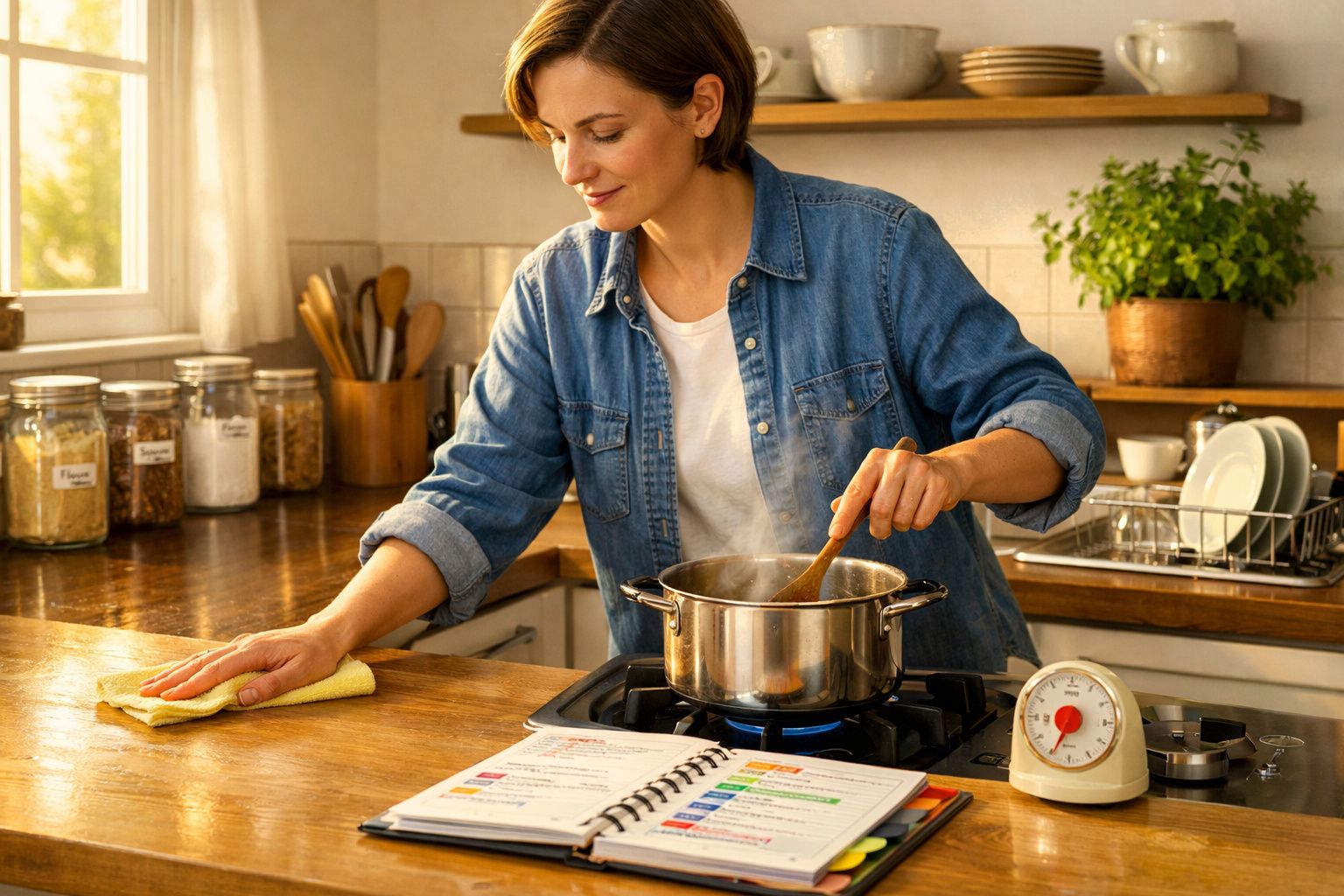 Mulher cozinhando no fogão, mexendo panela enquanto limpa bancada de madeira na cozinha iluminada.