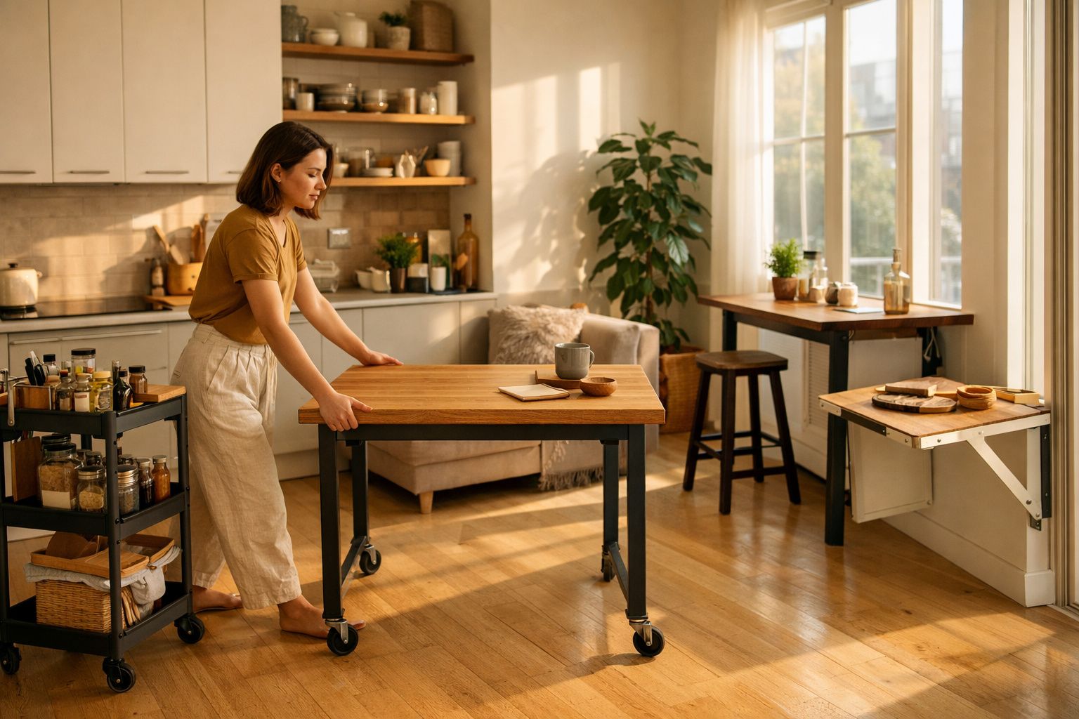 Mulher organizando mesa móvel de madeira em cozinha iluminada com plantas e estante ao fundo.