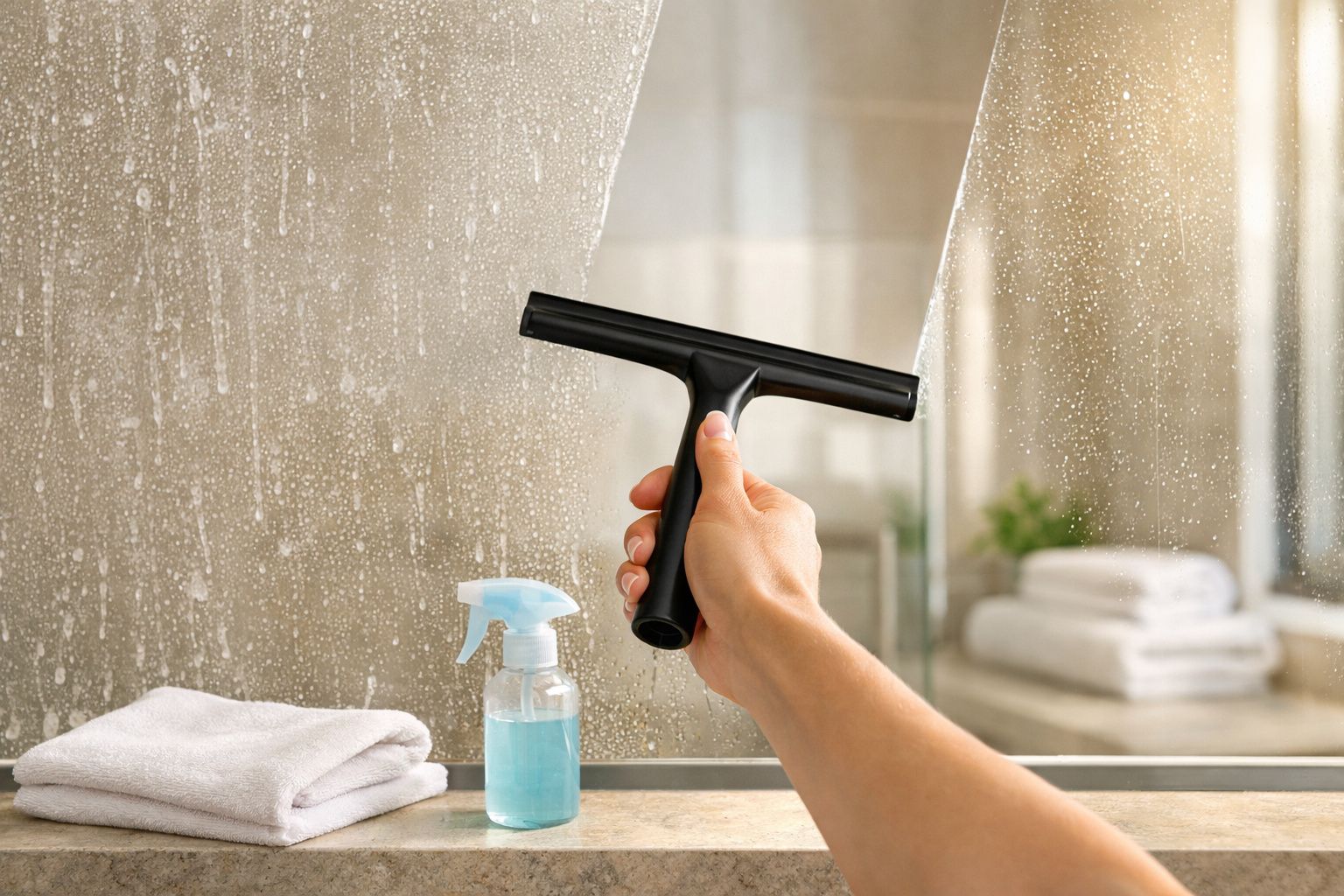 Pessoa limpando espelho com rodo preto, spray e toalha branca em bancada de banheiro.