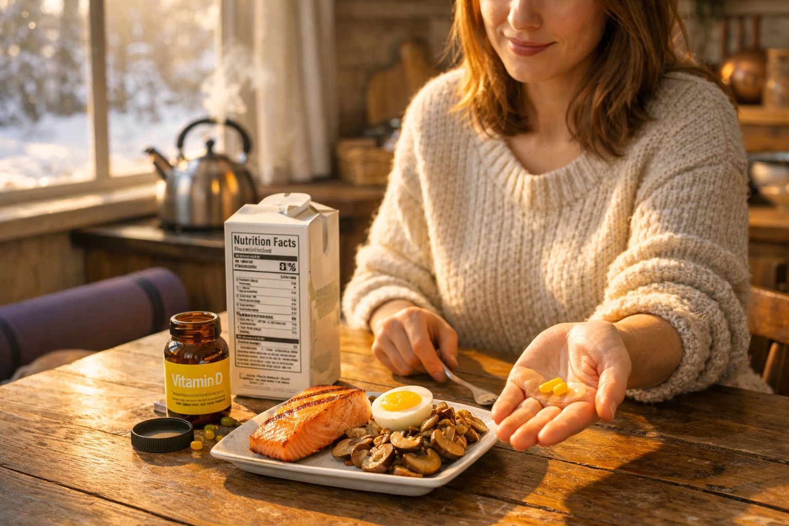 Mulher segurando cápsulas de vitamina D com refeições ricas em vitamina D em mesa de madeira.