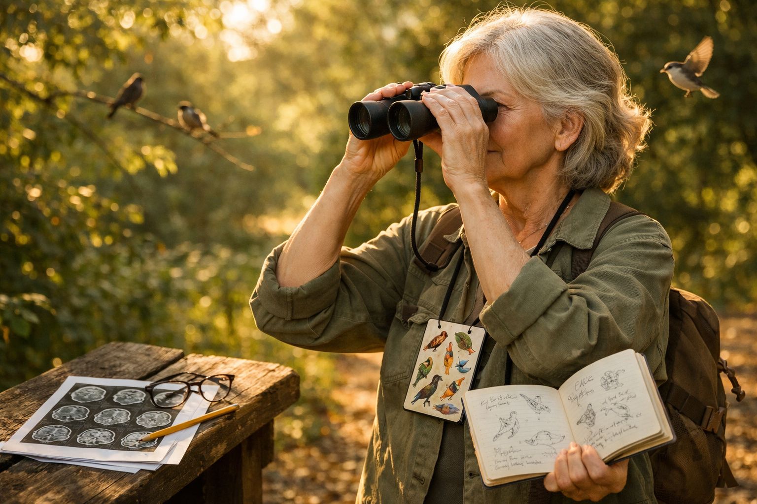 Mulher observando pássaros com binóculos em área verde, segurando caderno com desenhos de aves.