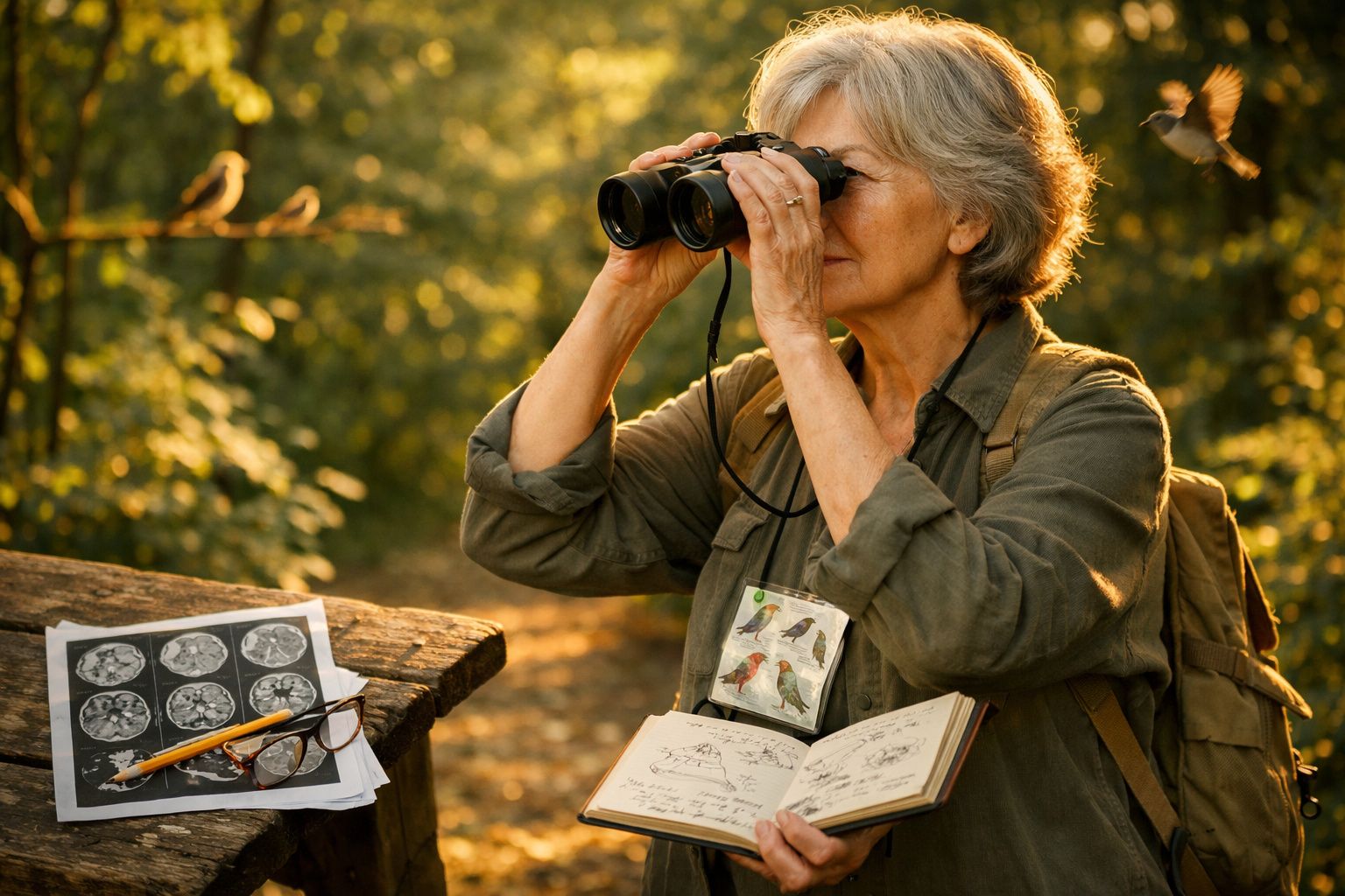 Mulher idosa observa pássaros com binóculo em ambiente ao ar livre, ao lado de caderno e imagens de aves.