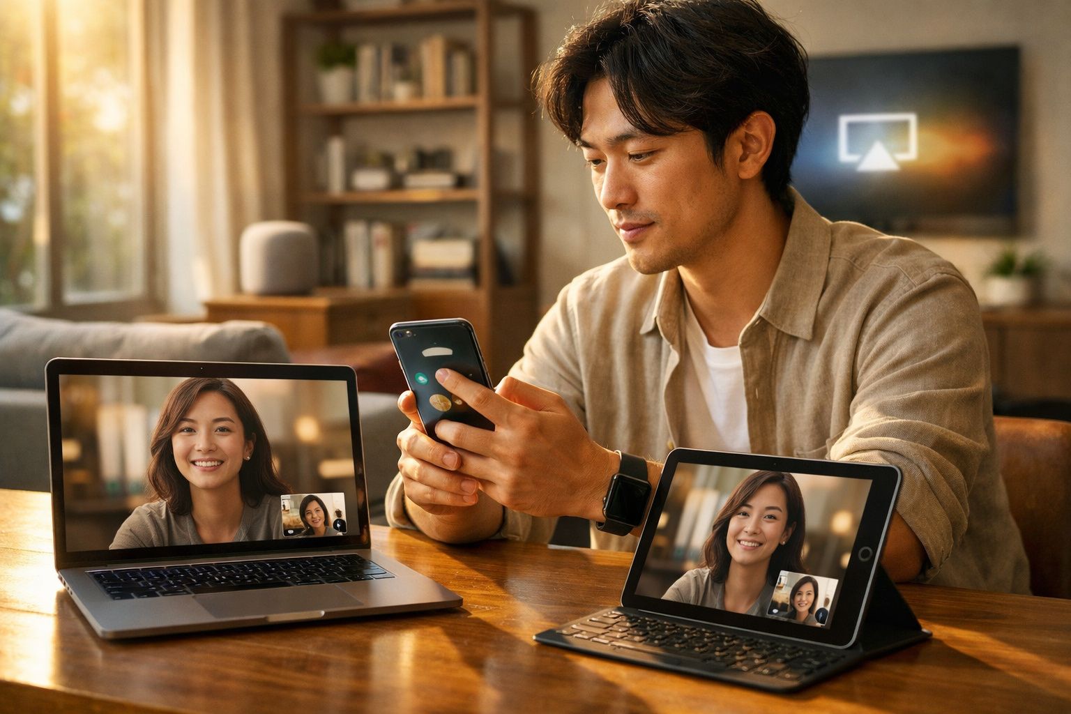 Homem sentado à mesa com laptop, tablet e celular, participando de videochamada com mulher sorridente.
