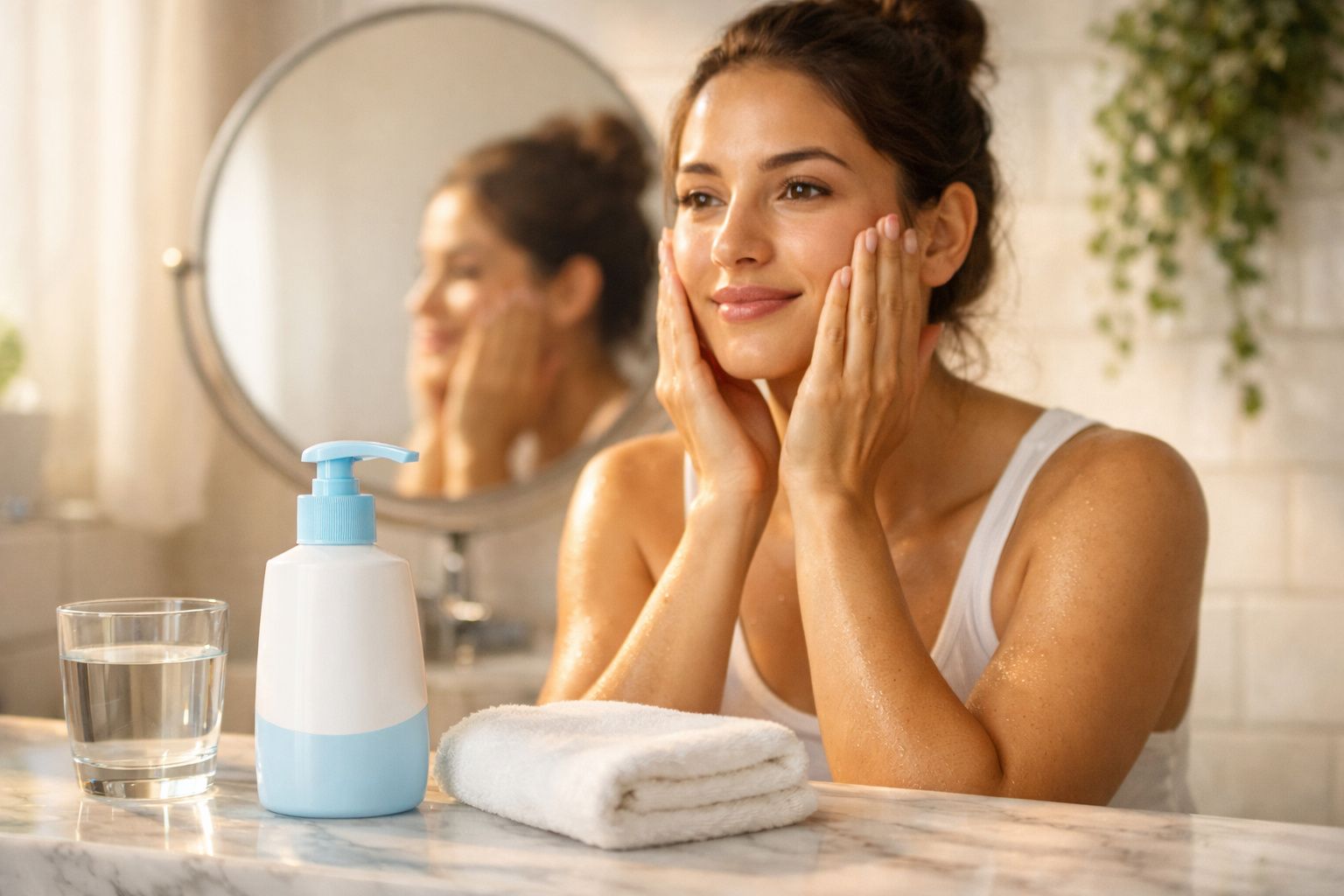 Mulher cuidando do rosto em frente ao espelho no banheiro, com toalha, copo de água e frasco de creme.